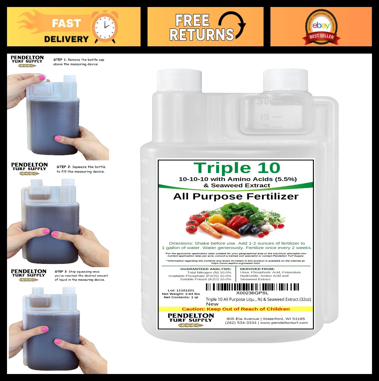 All-Purpose Liquid Fertilizer 10-10-10 with Amino Acids & Seaweed Extract 32oz