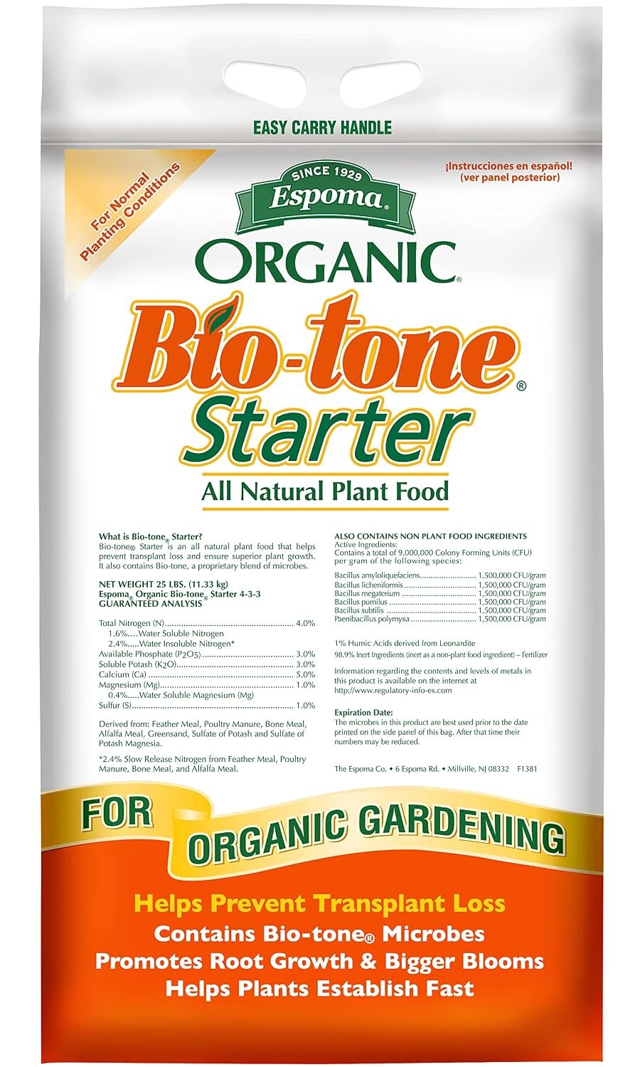 Espoma BTSG25 Granular Bio Tone Starter, 25-Pound,4-3-3 Fertilizer Analysis