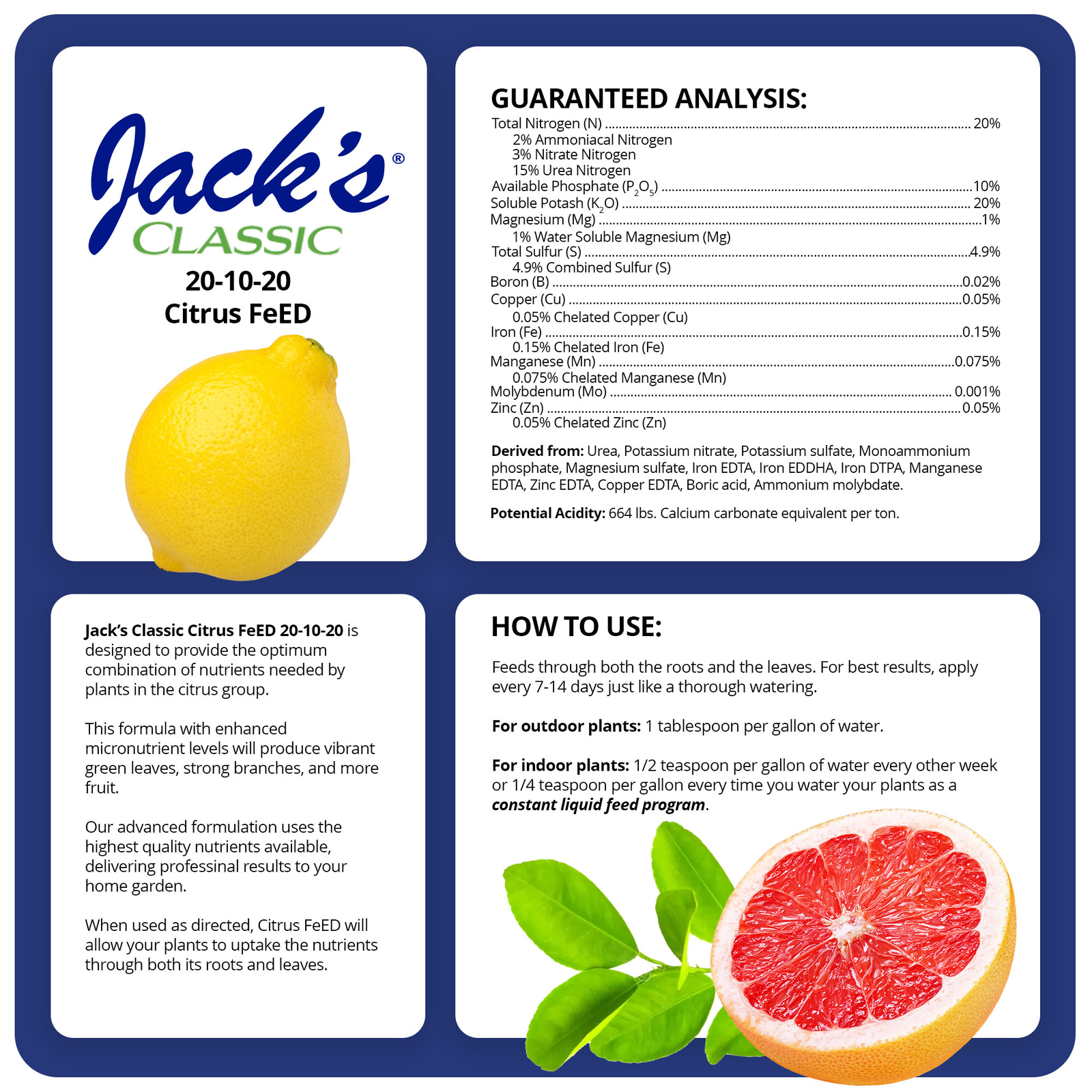 J R Peters Inc 52524 Jacks Classic No.1.5 20-10-20 Citrus Food Fertilizer
