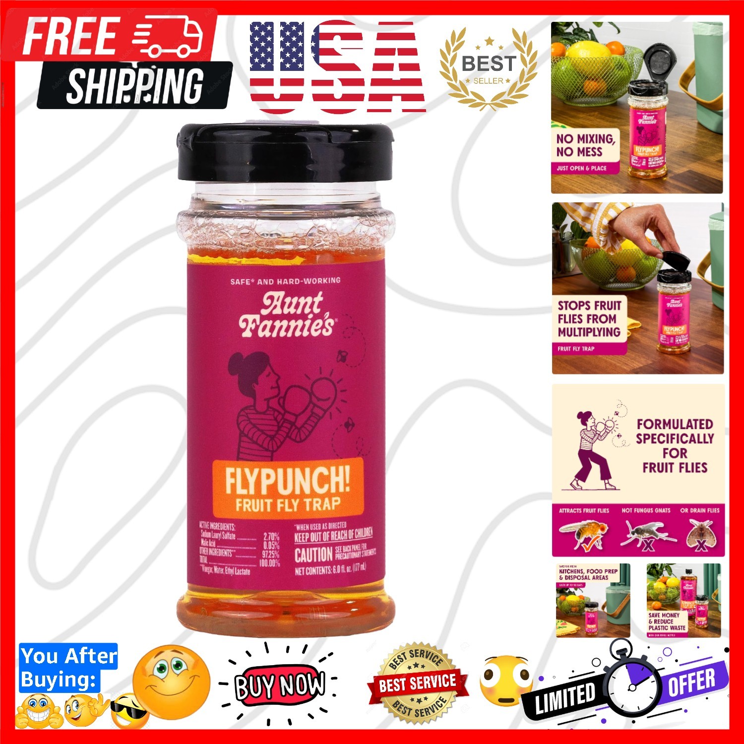 FlyPunch Fruit Fly Trap, Indoor Kitchen Use, 6 oz, Pack of 1 | Plant-Based In…