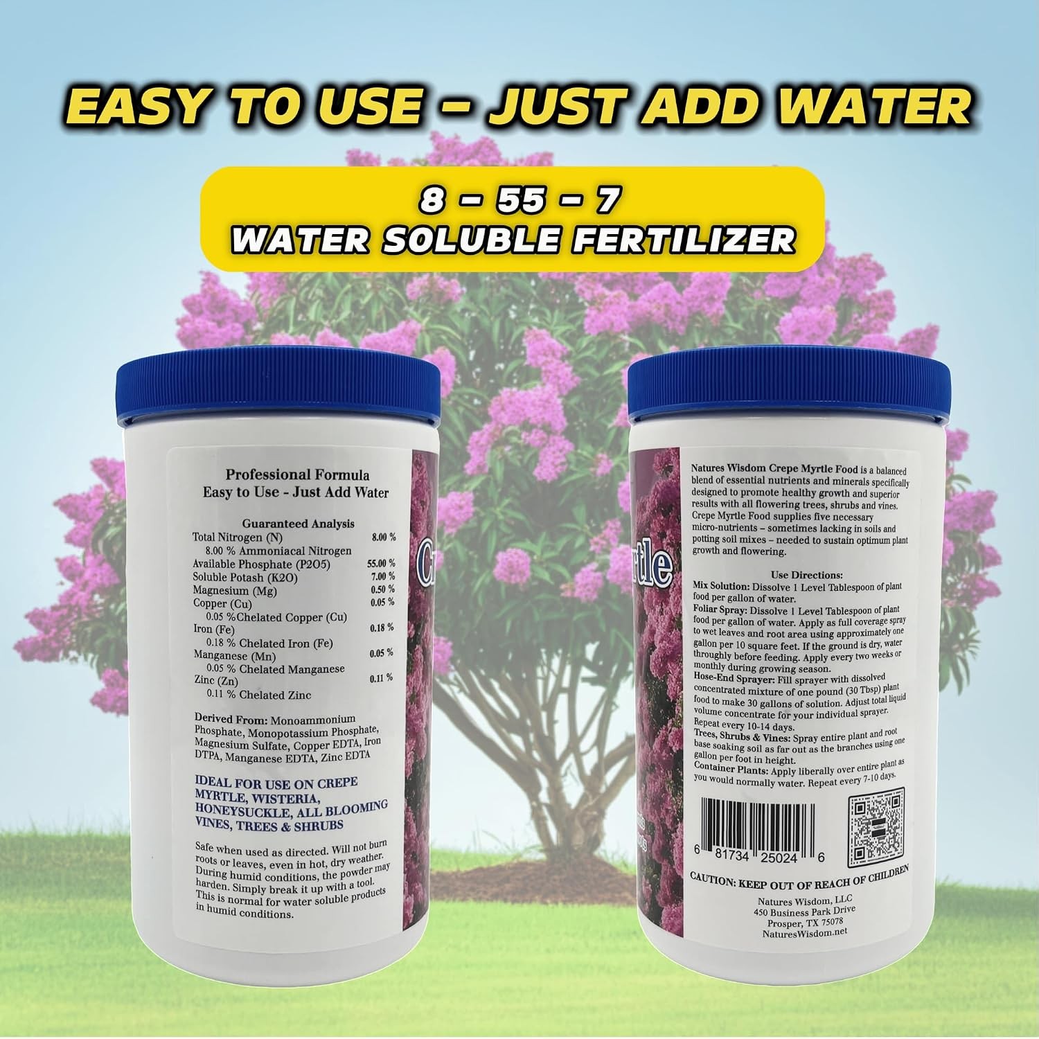 Crepe Myrtle Tree 8-55-7 Water Soluble Fertilizer Plant Food, Balanced Nutrient