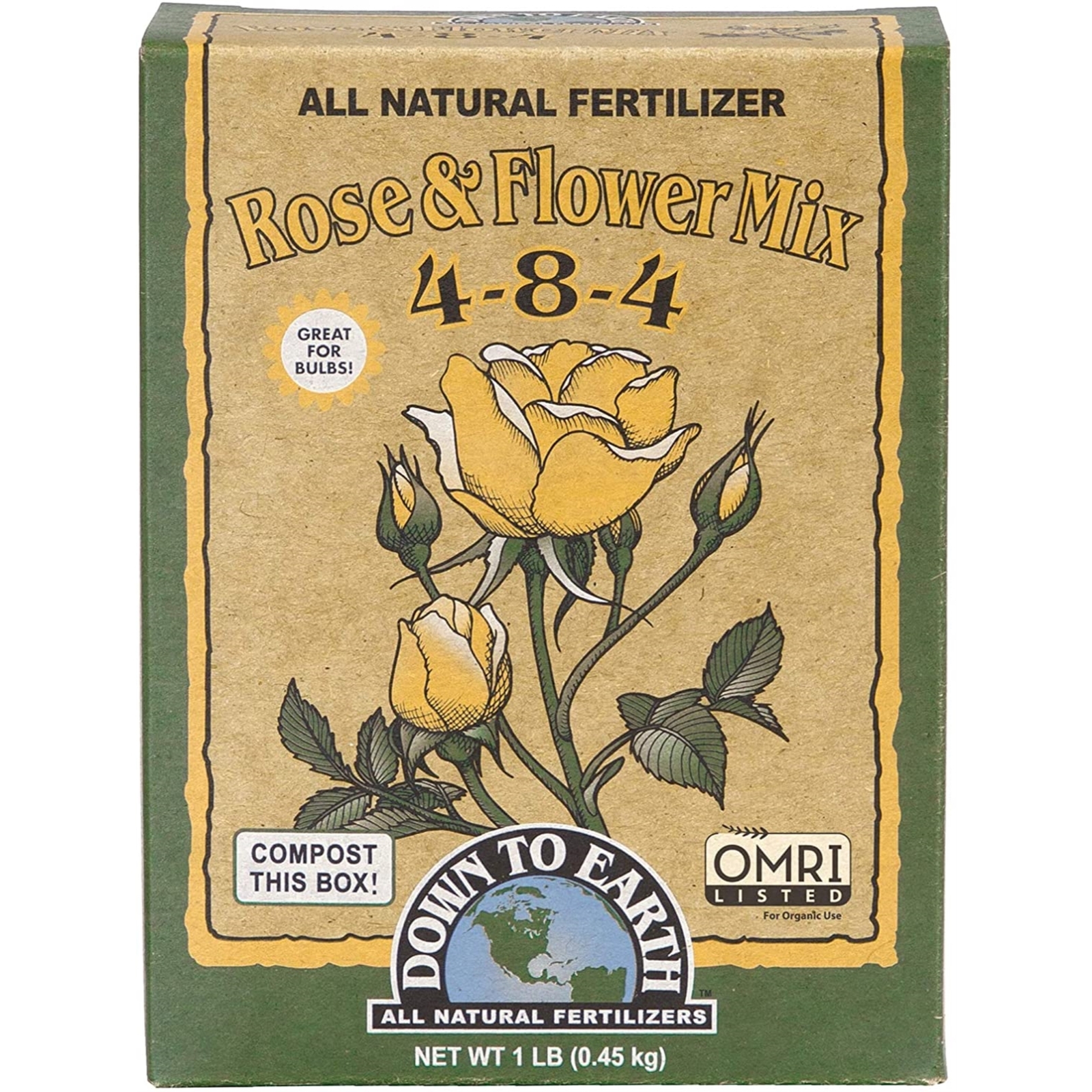 Down to Earth (#17802) Rose & Flower Mix Fertilizer Blend 4-8-4 1# box