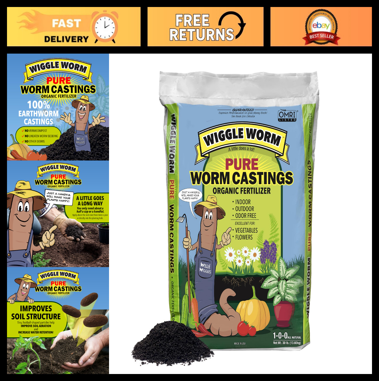 100% Pure Organic Worm Castings Fertilizer 30lbs – Boost Soil Fertility & Aerati