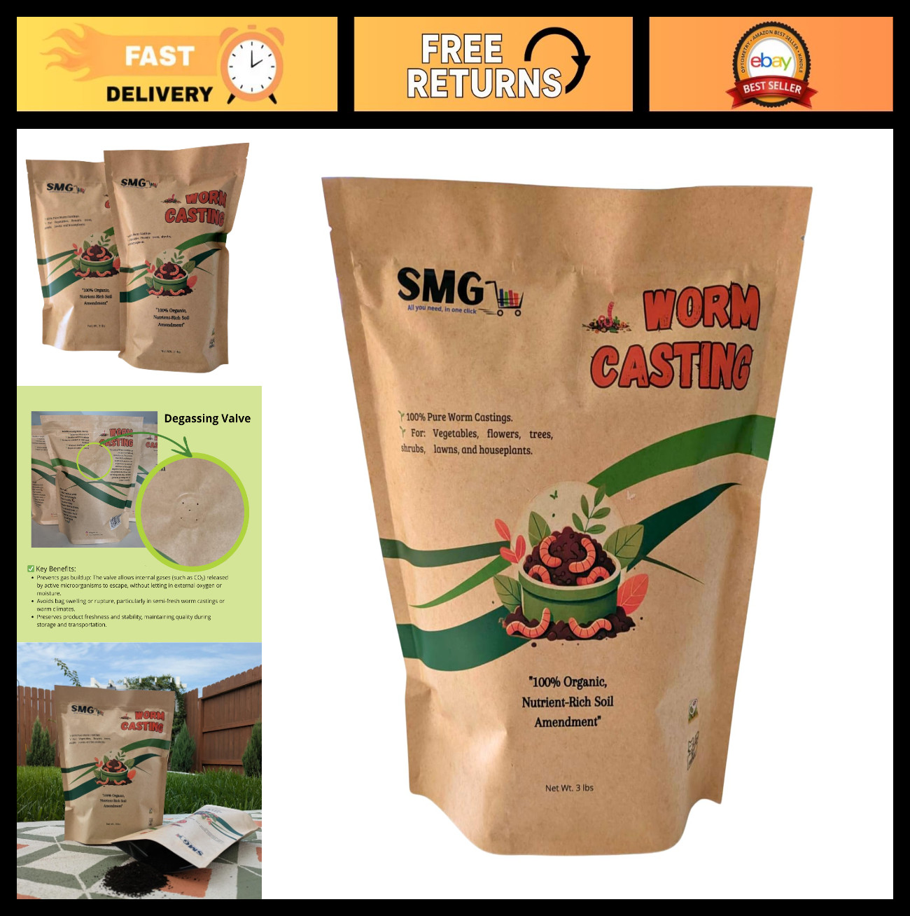 Organic Worm Castings 3 lbs – 100% Pure Earthworm Compost for Plants, Veggies &