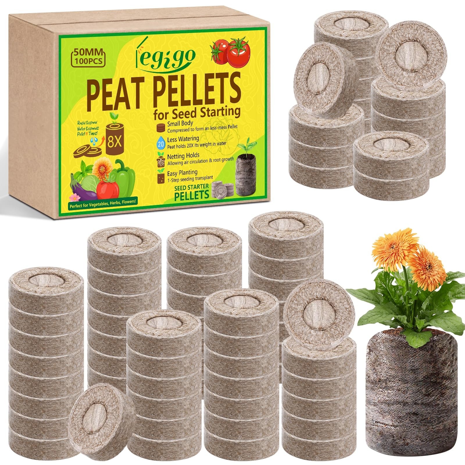 100 Pcs 50mm Seed Starter Peat Pellets – Compressed Pods for Seedlings, Herbs, F