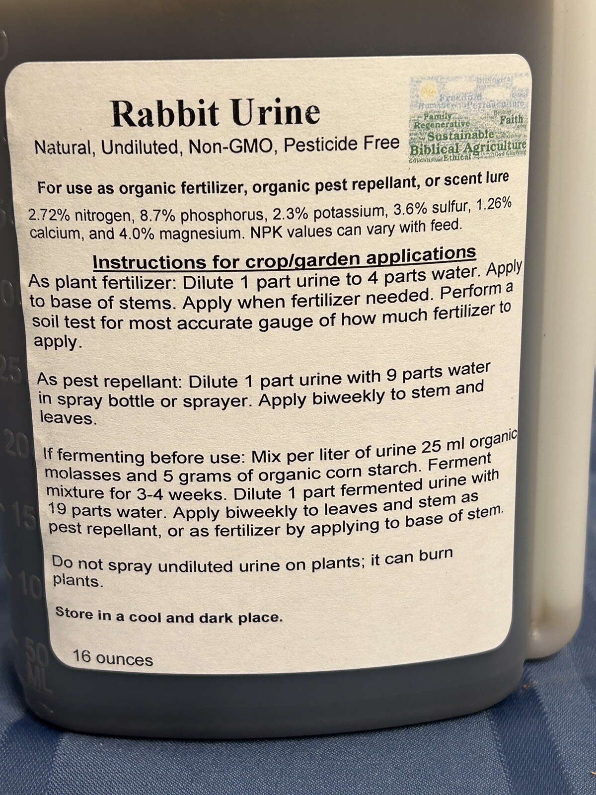 Rabbit Urine for organic fertilizer, organic pest repellent, scent lure 16 fl oz