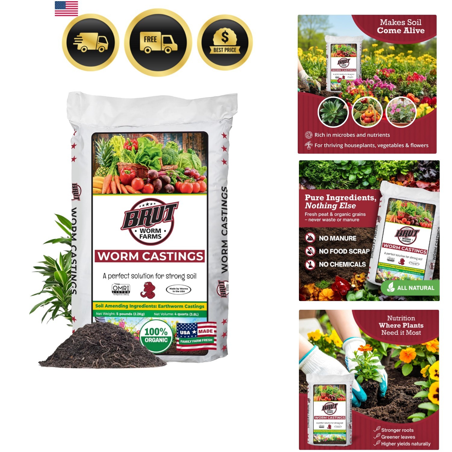 Brut Organic Worm Castings for Plants 5 LB – Natural Nutrients, Fertility Bui…