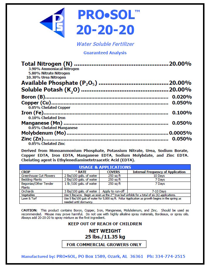 20-20-20 Pro-Sol Premium Fertilizer For Commerical Growers $16.50-$47.95