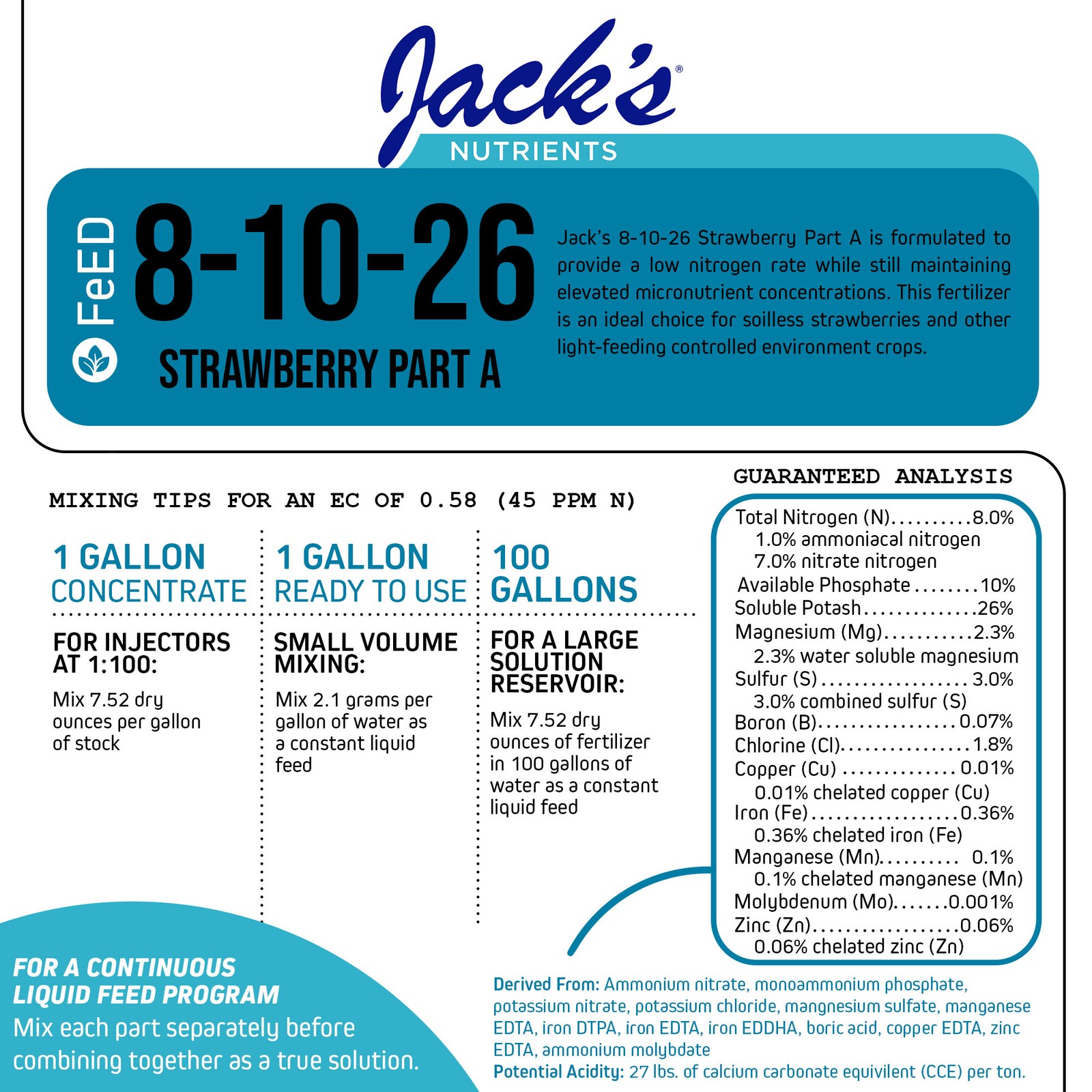 Jack’s Nutrients 8-10-26 Strawberry Part A Water-Soluble Fertilizer, 2.2lbs