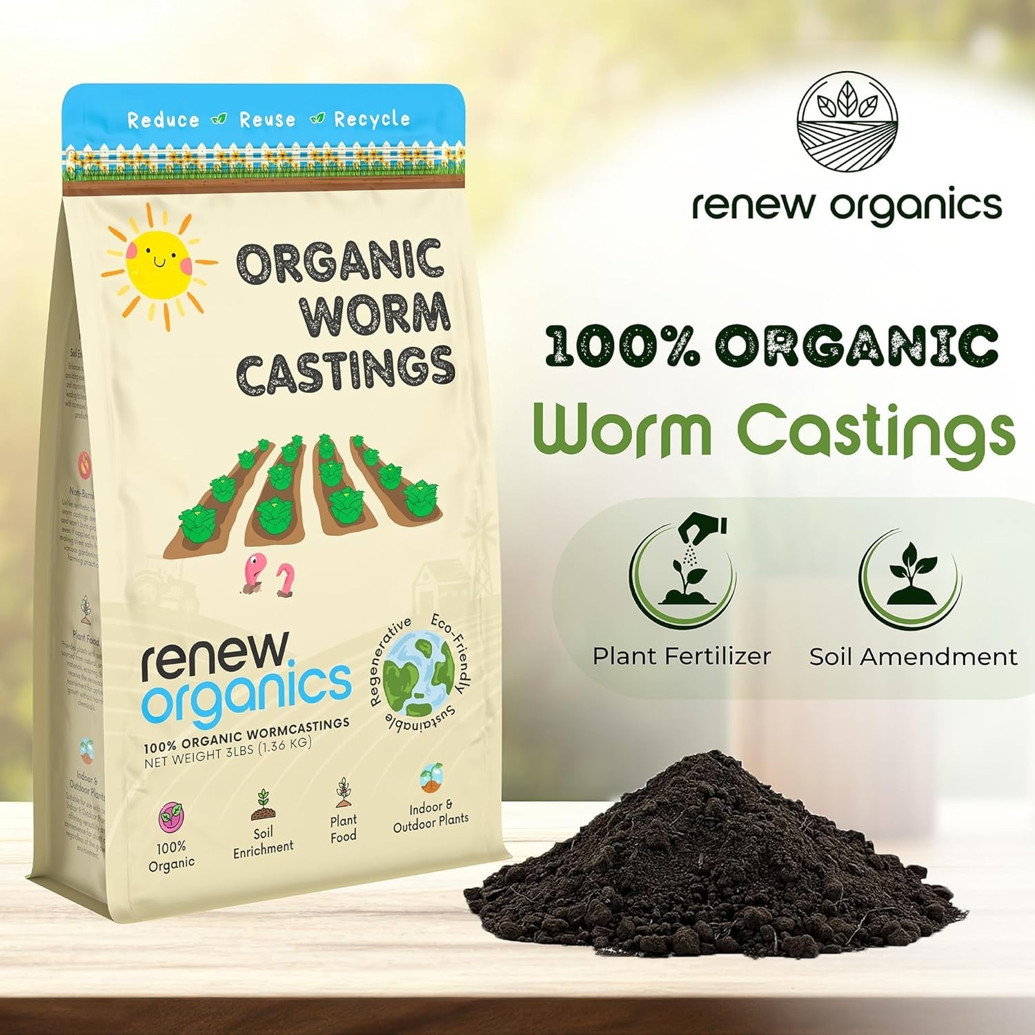 Organic Fertilizer 100 Percent Worm Castings 48 Ounce for Sustainable Gardens