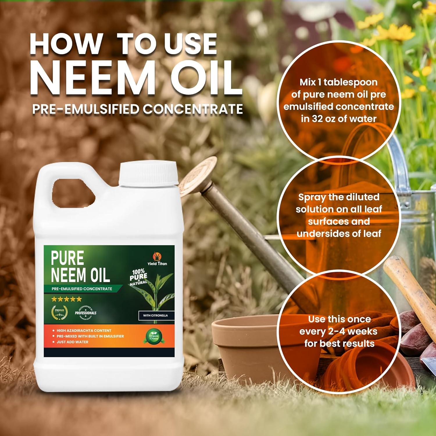 Yield Titan Pure Pre-Emulsified Neem Oil with Citronella – Natural, Add Water