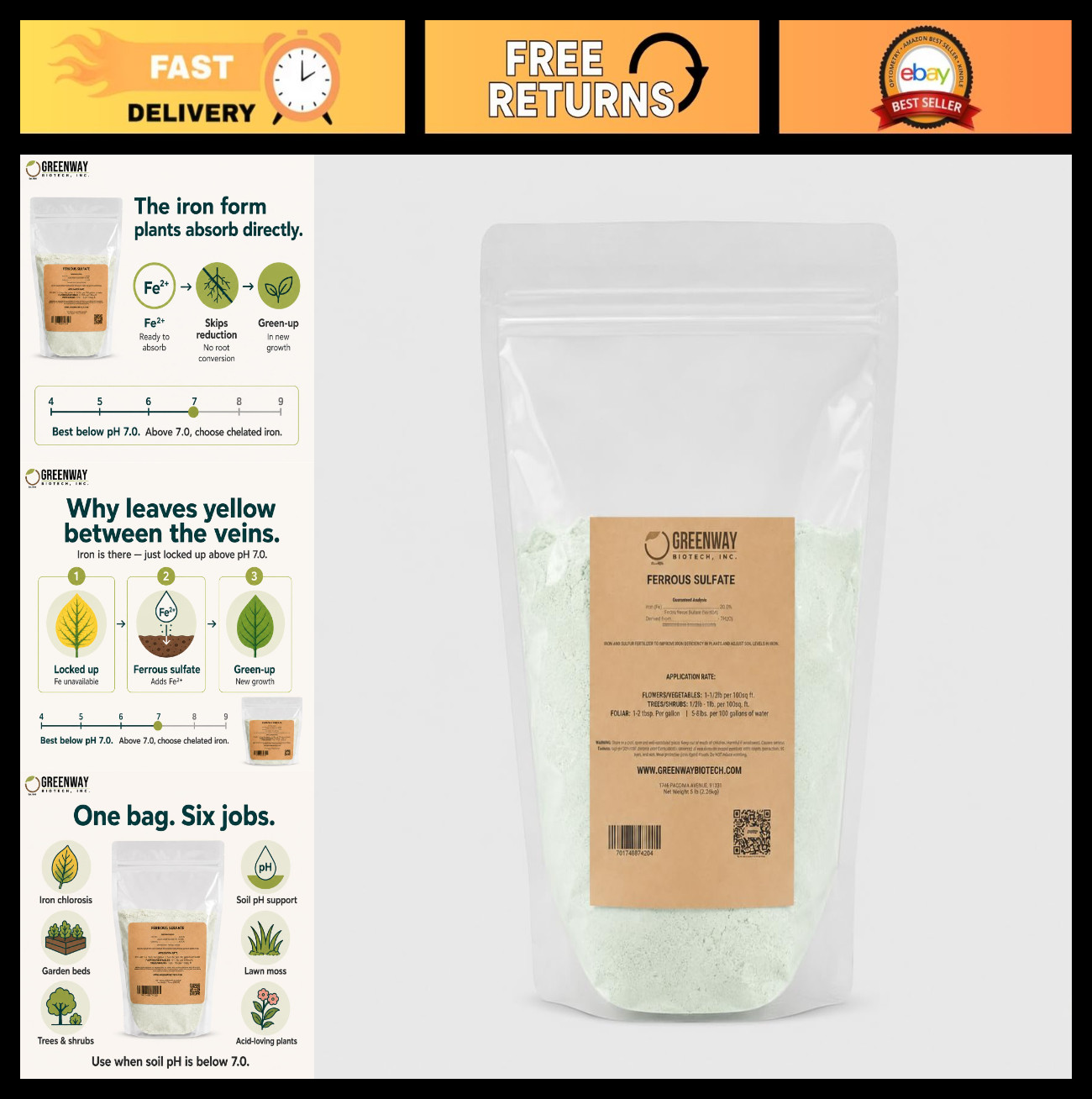 Organic Ferrous Sulfate Heptahydrate Fertilizer – 20% Iron, 12% Sulfur, 10 lbs