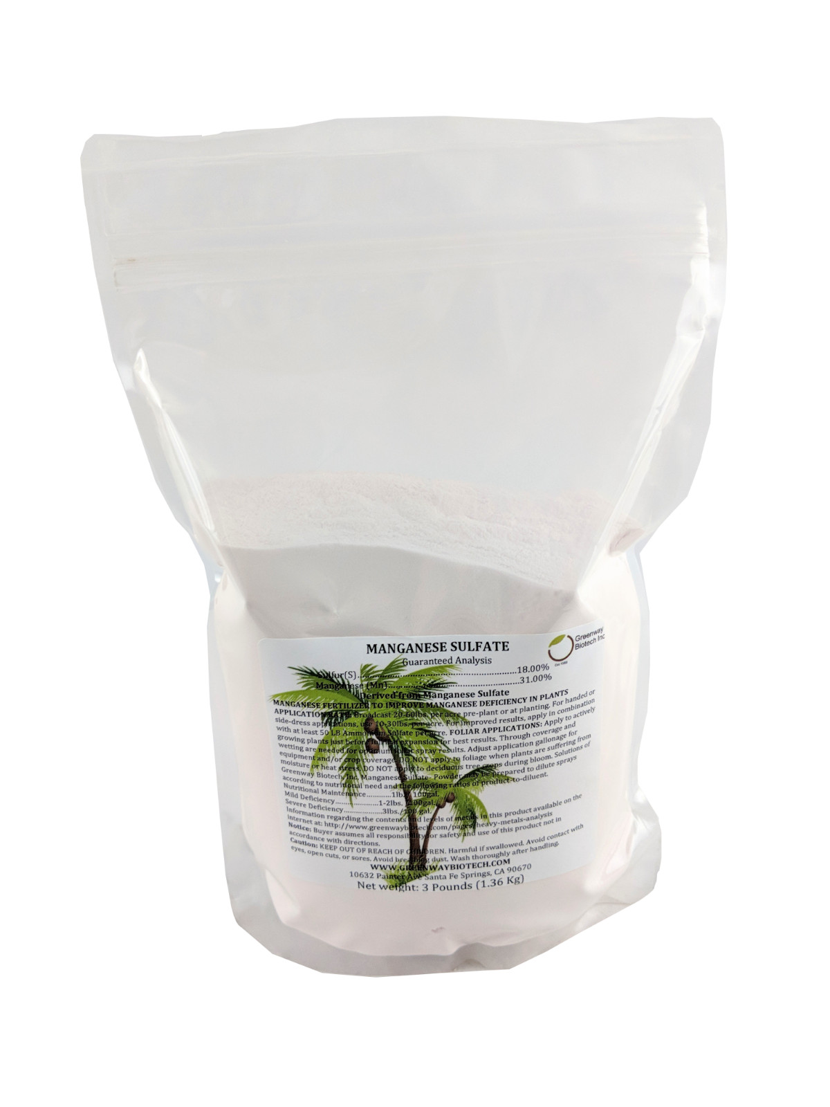 Manganese Sulfate Powder 31% Manganese 100% Water Soluble Feed Grade 3 Pounds