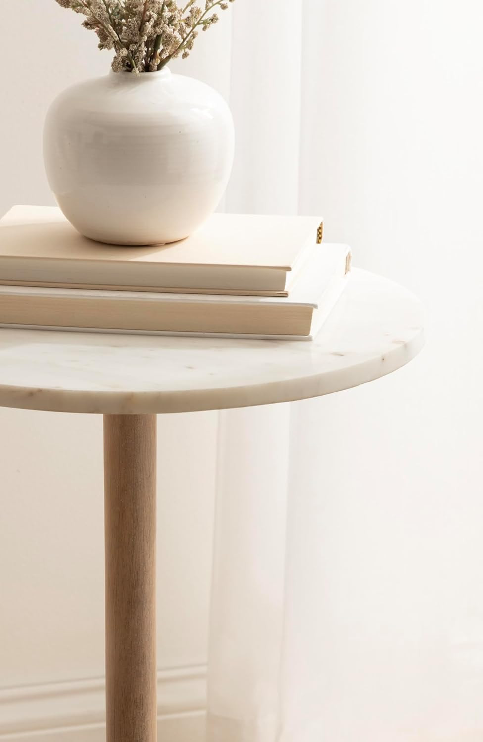 Elegant Round Marble Side Table – 14″ White & Natural Pedestal End Table