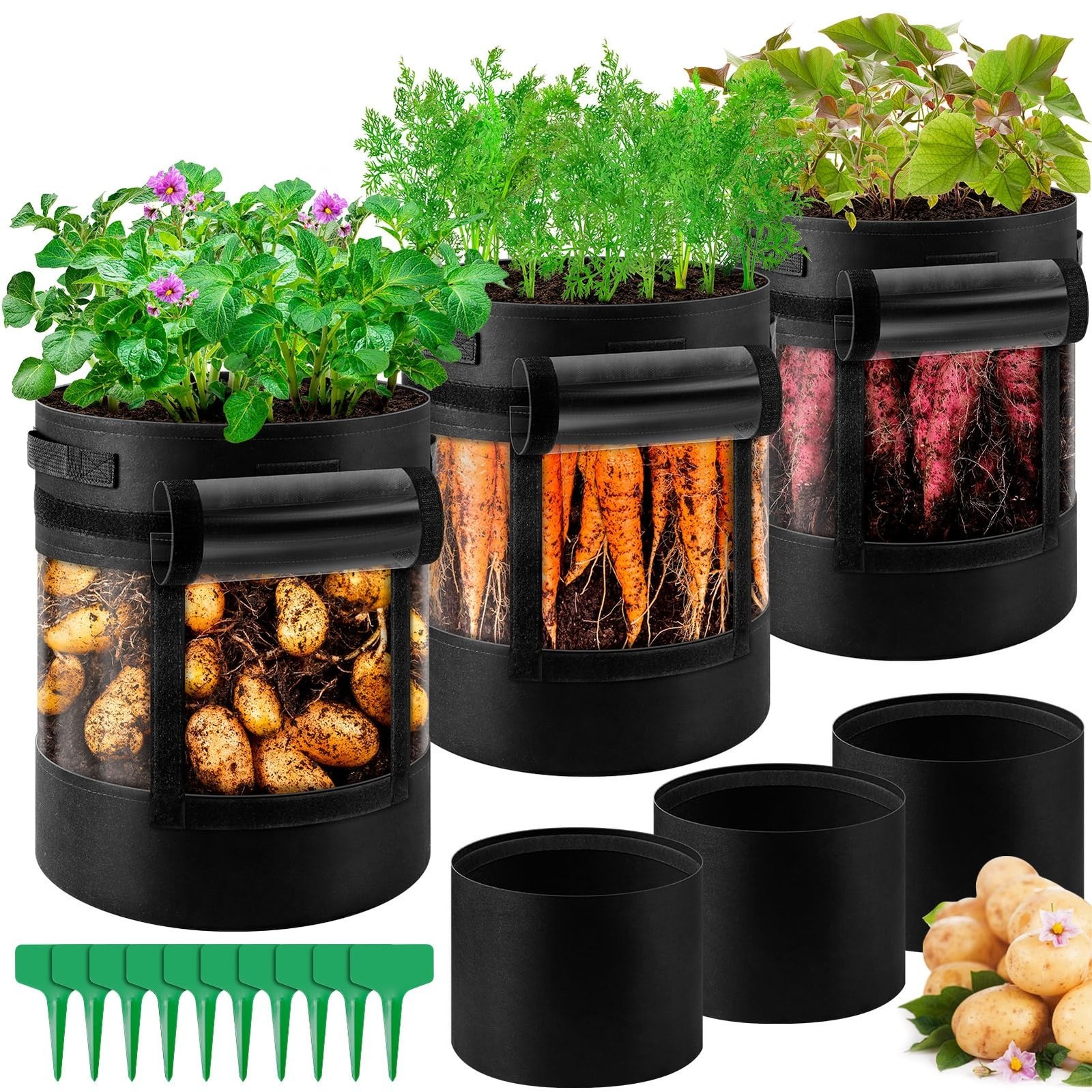 3 Pack 10 Gallon 360° Visibility Potato Grow Bags with Shading Flap, Plant