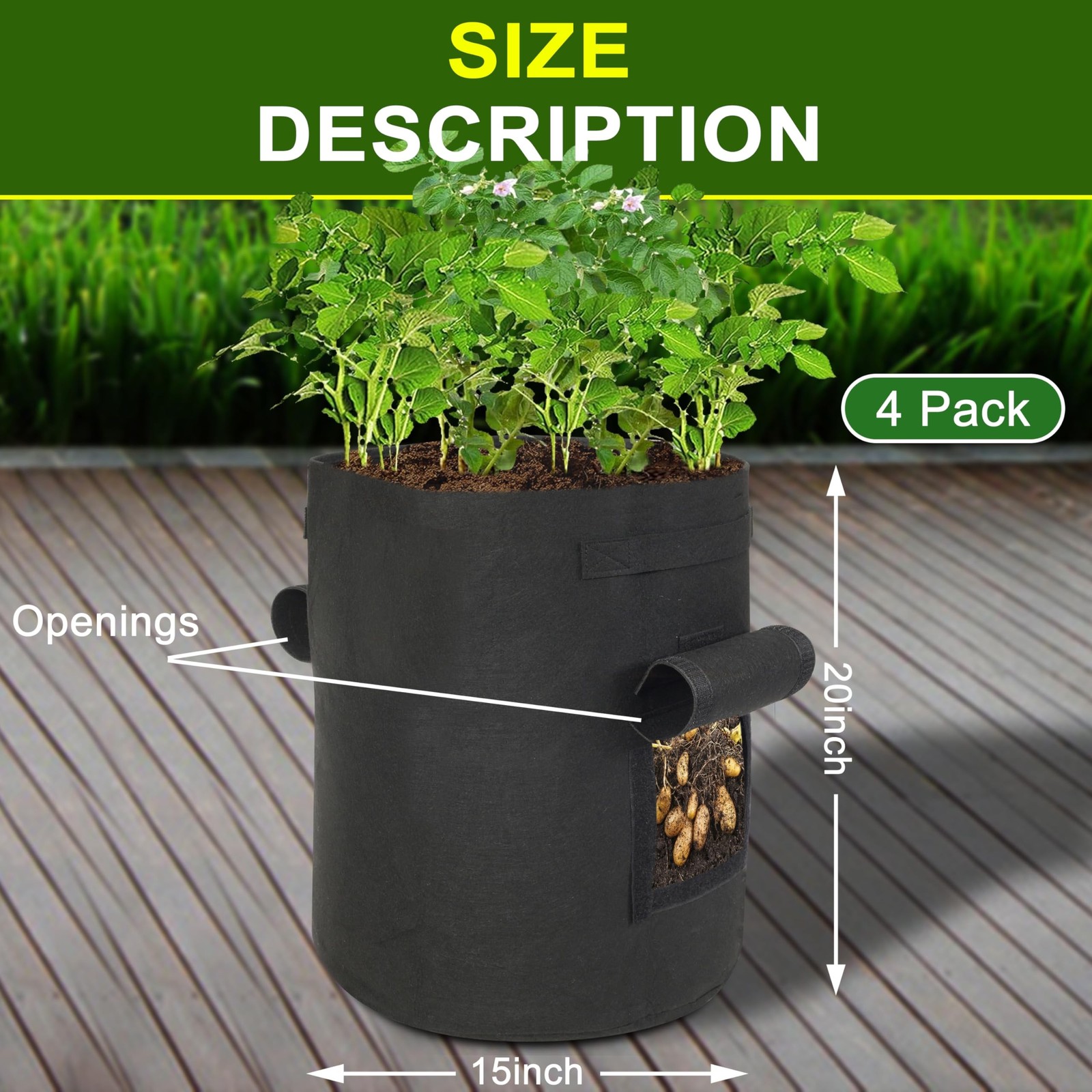 4-Pack 15-Gallon Grow Bags with 2 Flaps and Reinforced Handles,Non-Woven Pota…