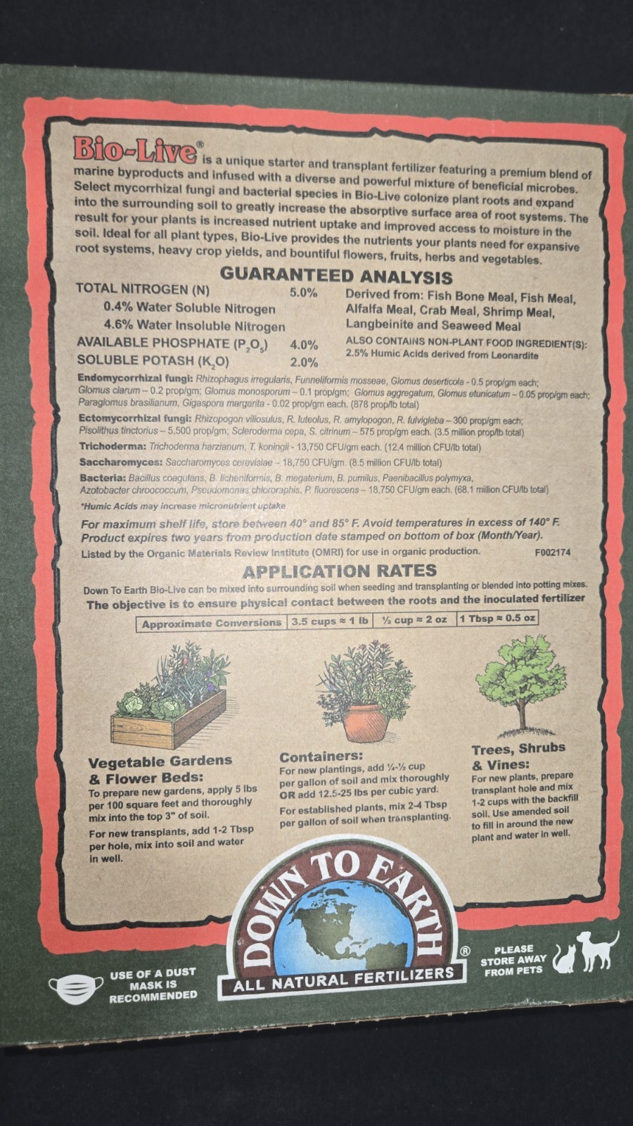 Down to Earth Bio-Live Organic Fertilizer 5-4-2 Granules Marine Byproducts 5 lb