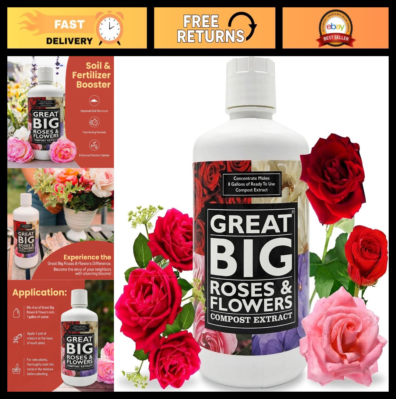 Organic Liquid Rose Fertilizer Booster – Improves Blooms & Soil Nutrients, 32 oz