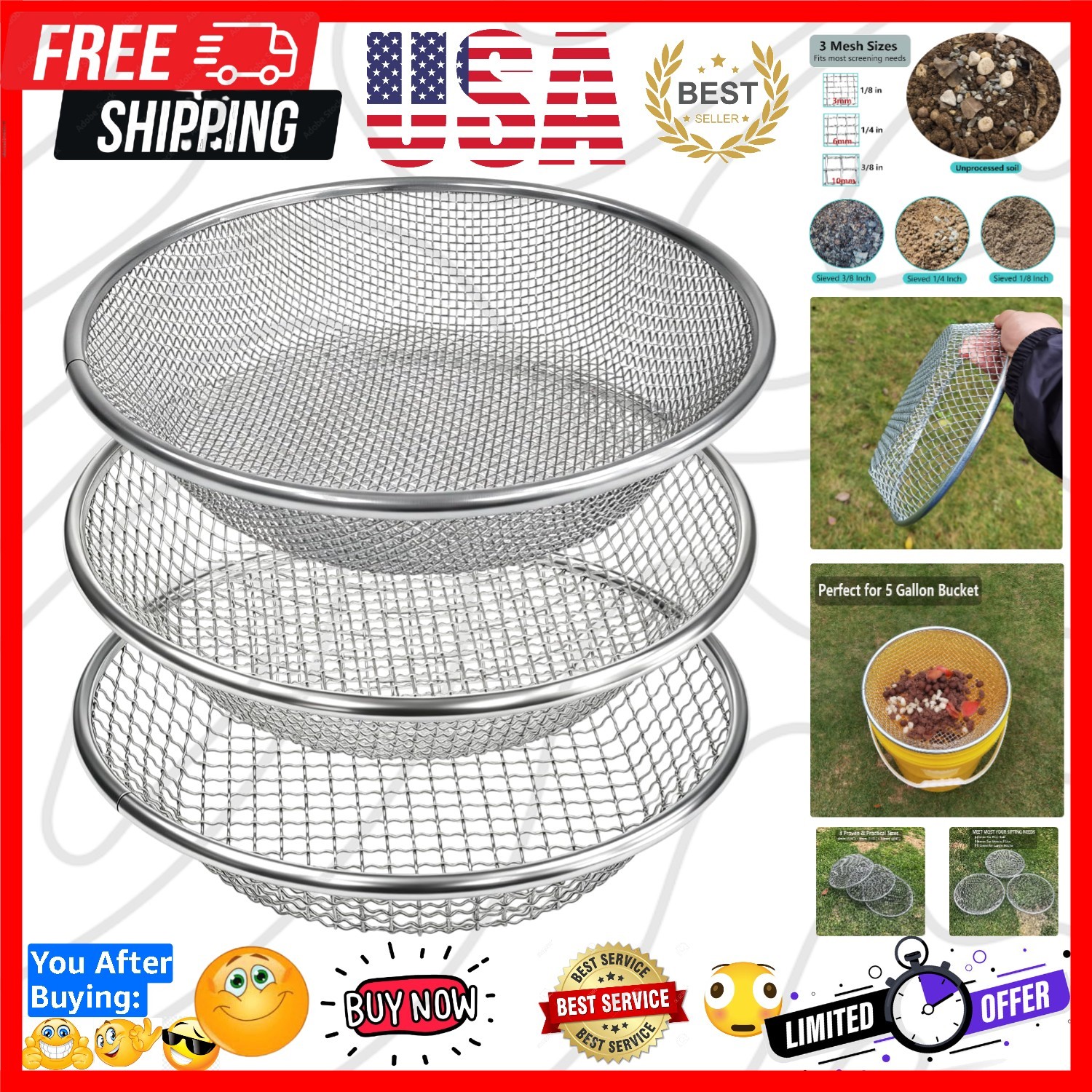 3 Pack Soil Sifter for Gardening, Heavy Duty Galvanized Steel Compost Sieve, …