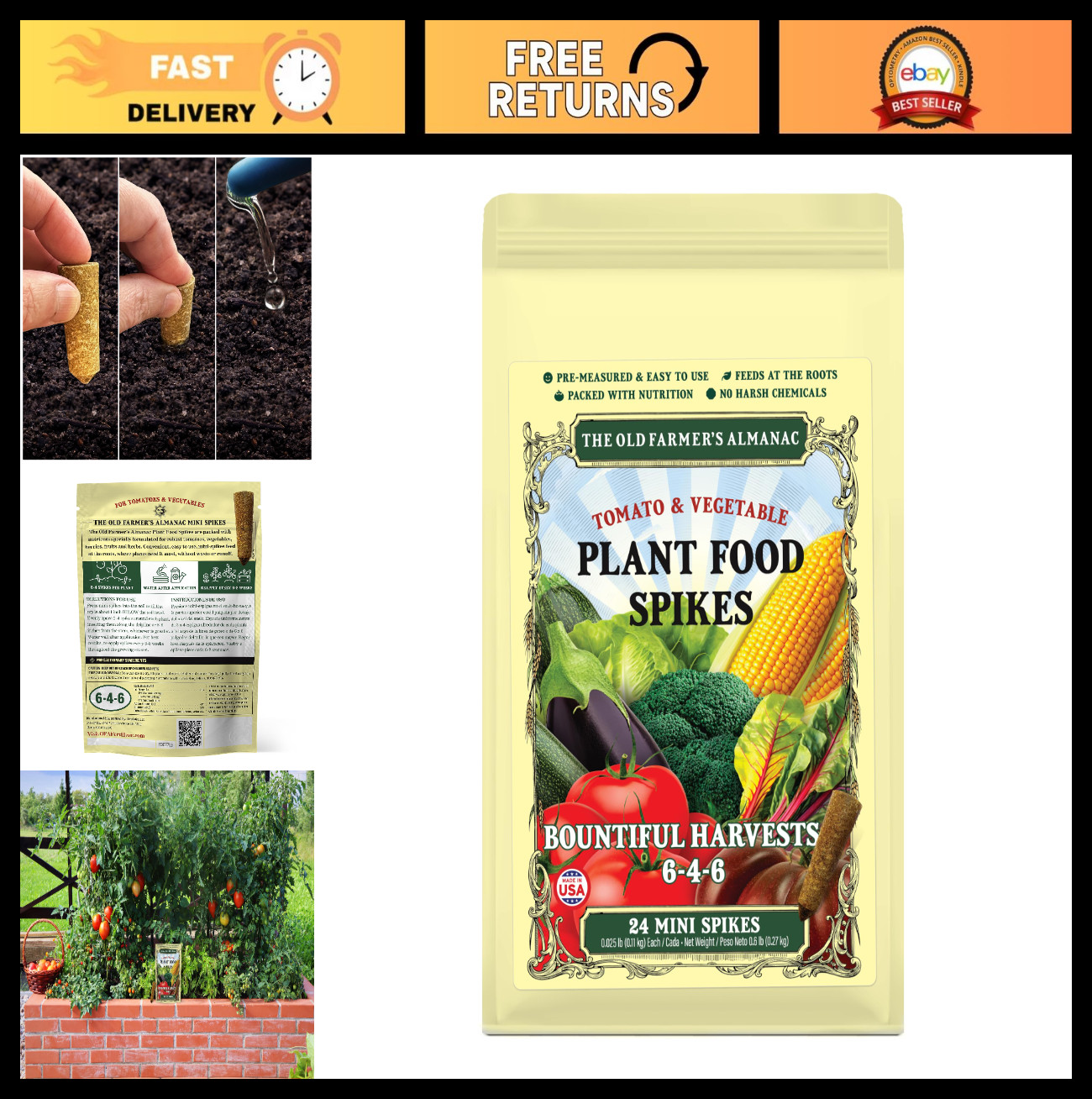 Tomato & Vegetable Plant Food Mini Spikes – NPK 6-4-6 for Bountiful Harvests (24