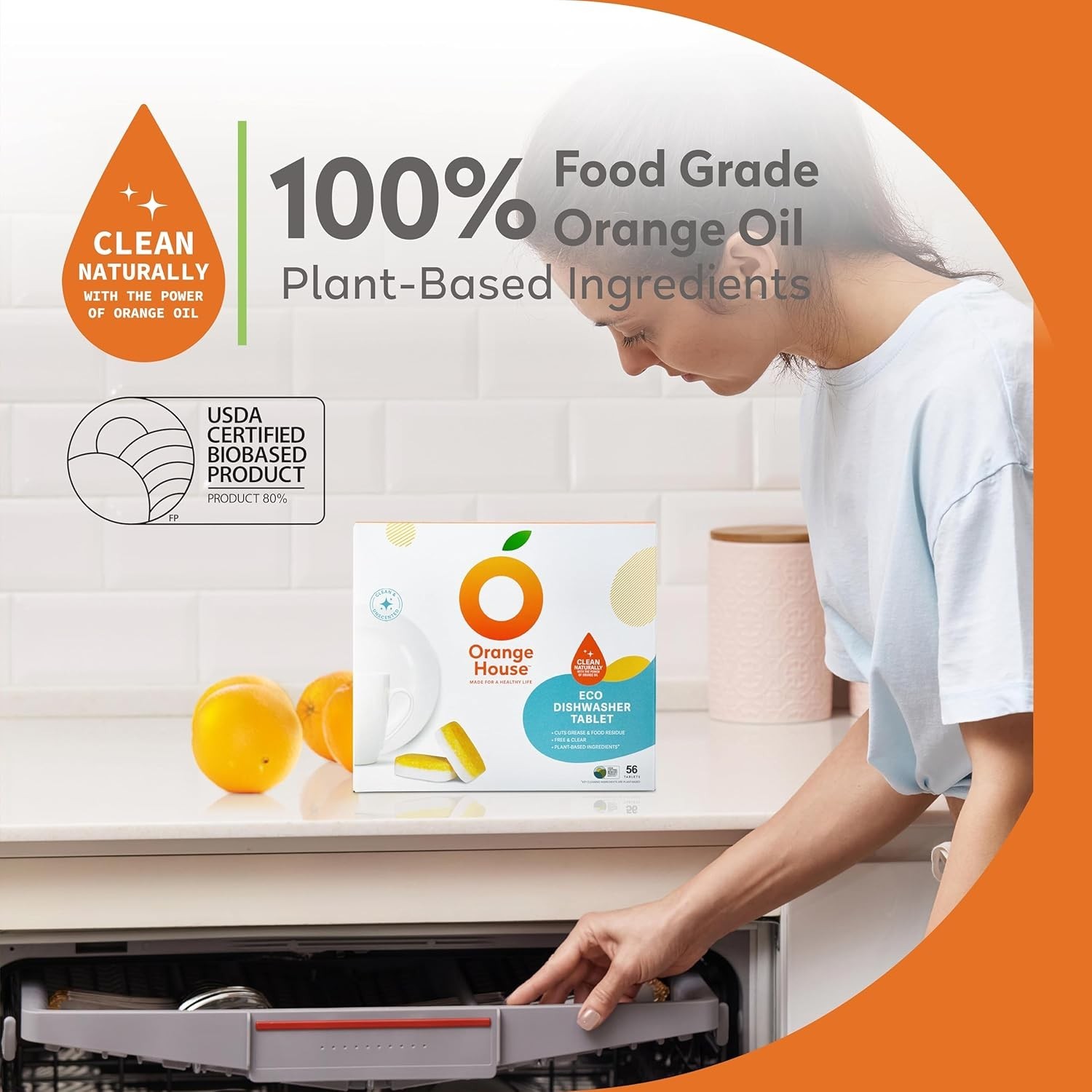 Plant Based Dishwasher Tabs 56 Count | 100% Food Grade Orange Oil, Deep Clean…