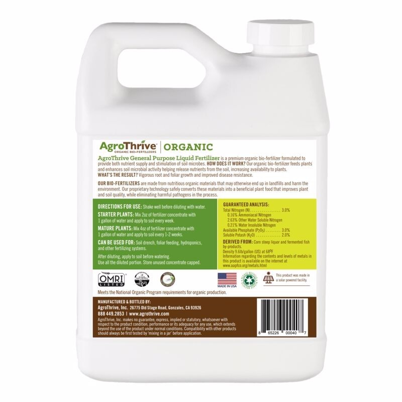 AgroThrive Organic General Purpose Liquid Fertilizer Liquid Concentrate 32 oz
