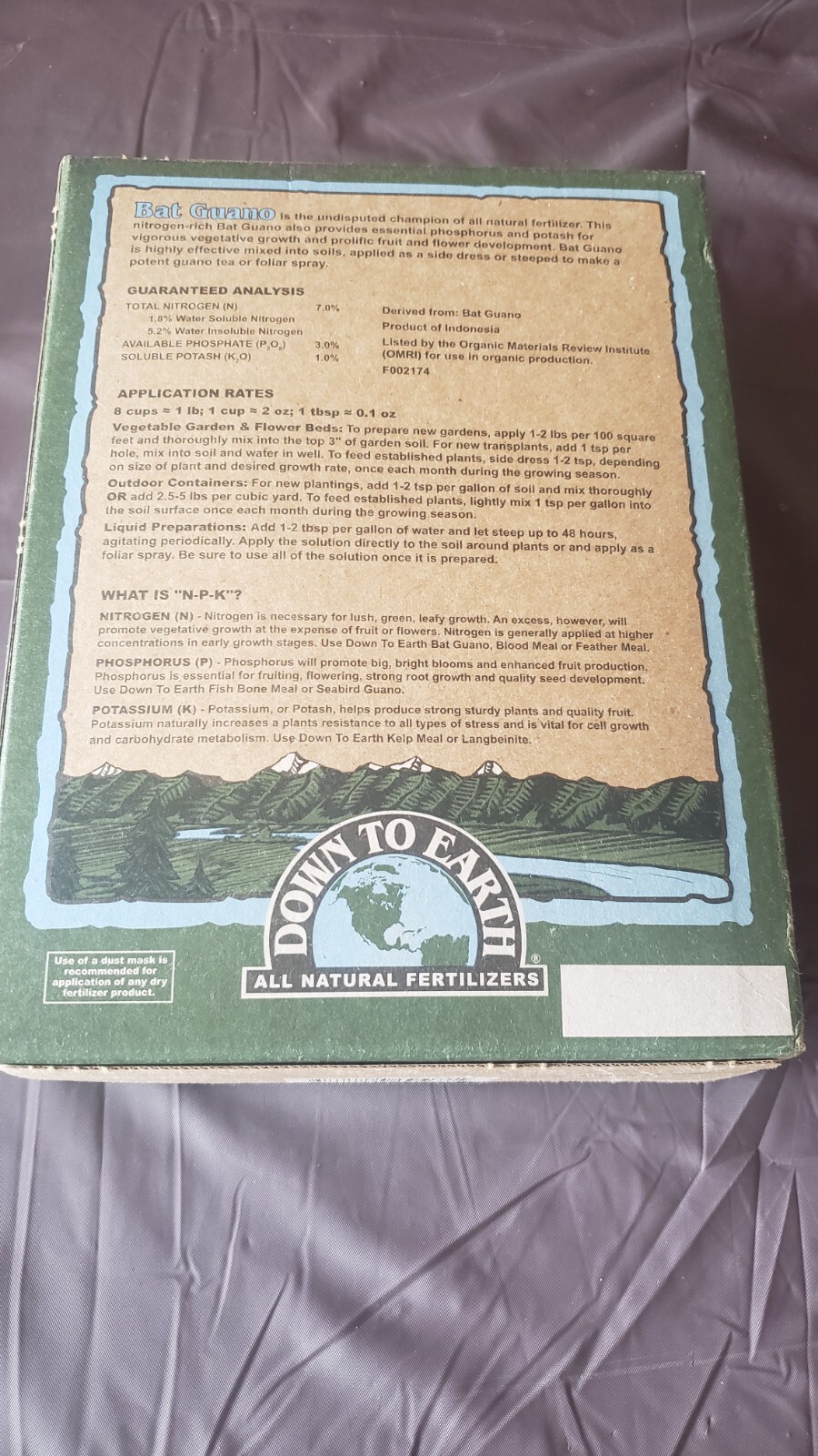 Down to Earth 2 LB Organic Bat Guano Fertilizer Mix 7-3-1 New 2 Pound box