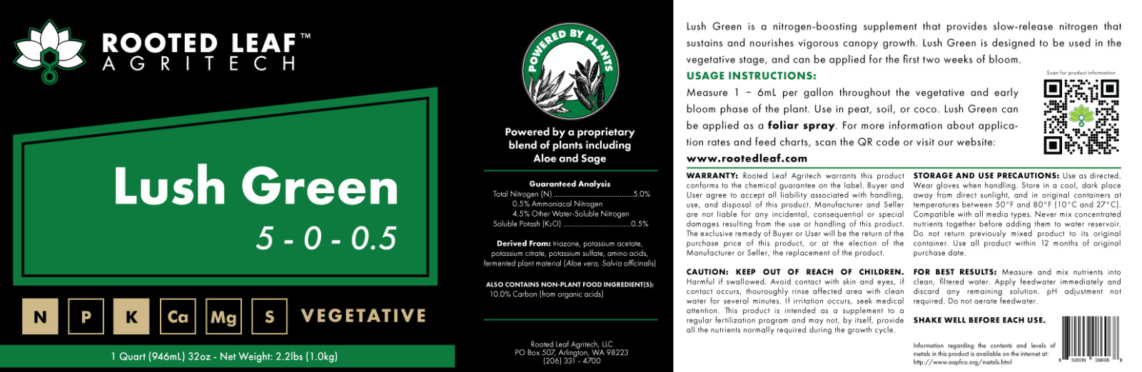 Rooted Leaf Agritech Lush Green – Carbon Based Nitrogen & Aloe Fertilizer Quart