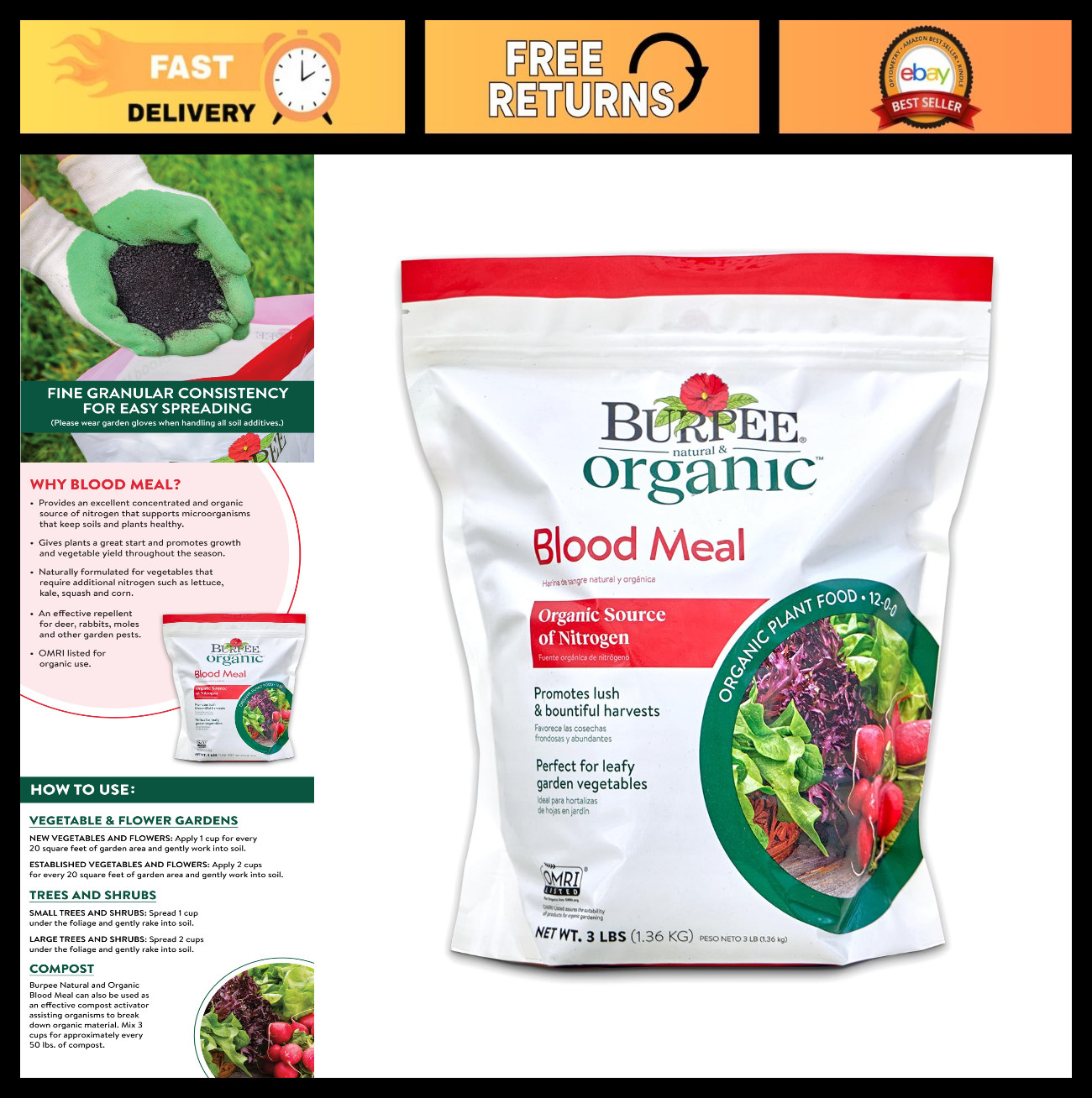 Organic Blood Meal Fertilizer 3 lb | Natural Nitrogen Boost for Tomatoes, Greens