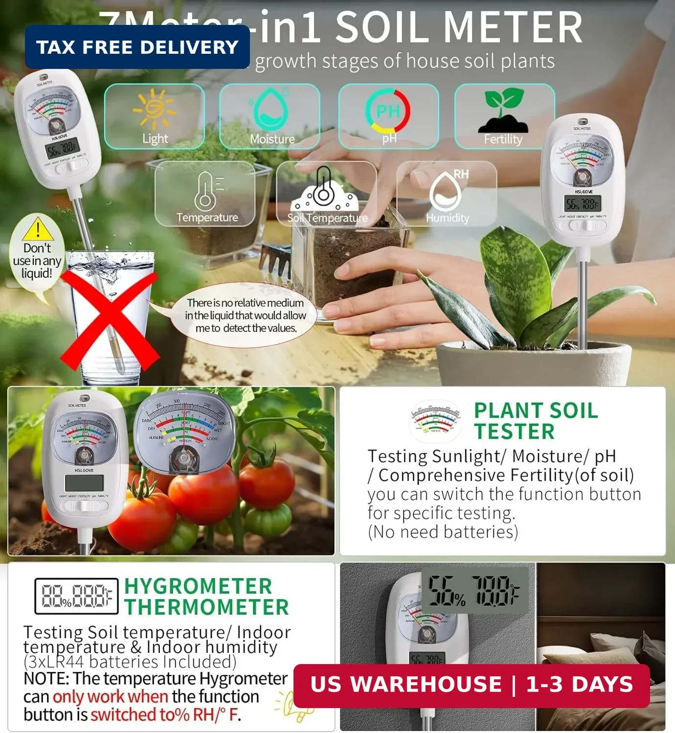 Soil Test Kit 7-in-1 PH Moisture Temp Fertility Meter Digital Garden Tool