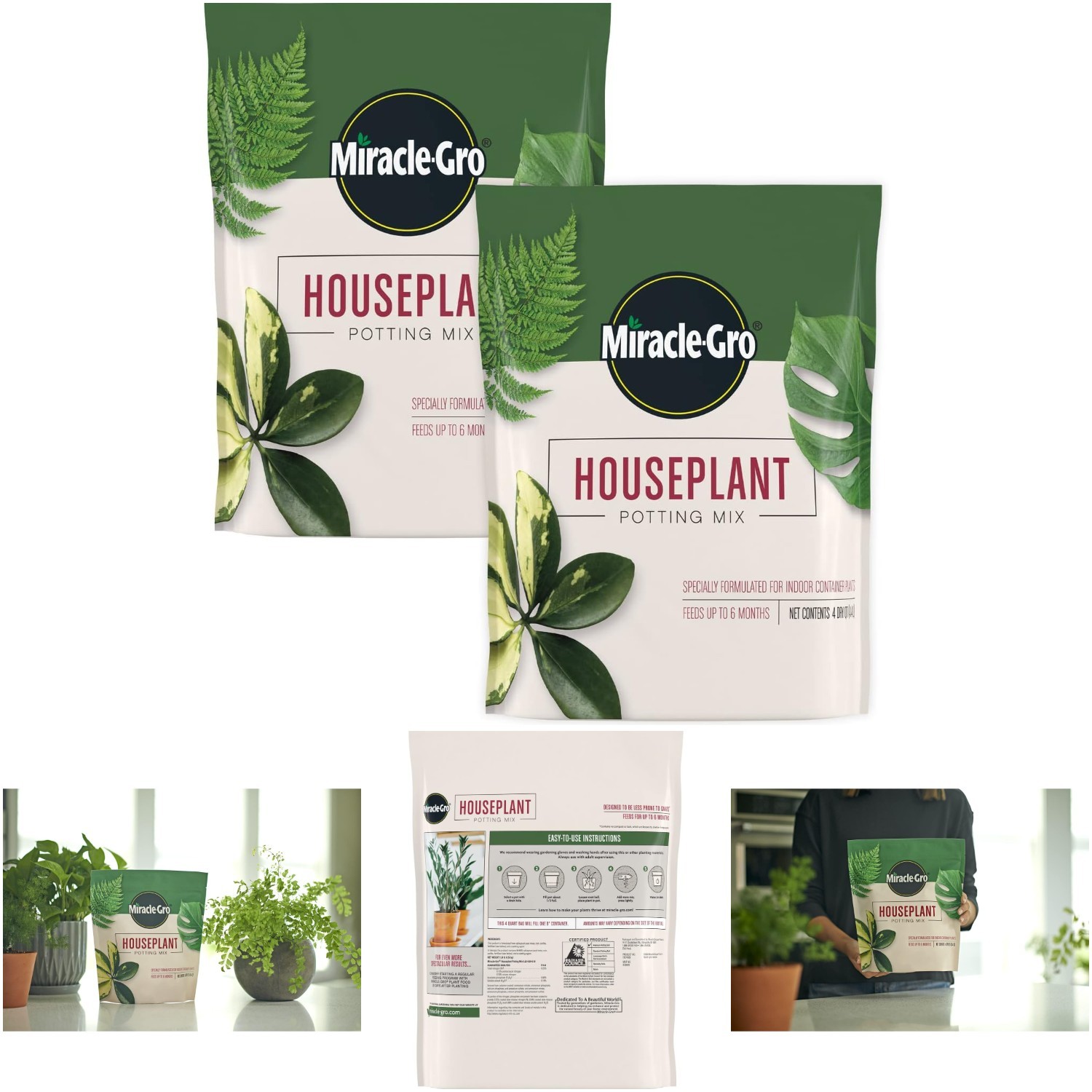 2 Pack Miracle-Gro Houseplant Potting Mix Fertilized Soil Less Gnats 4 Qt