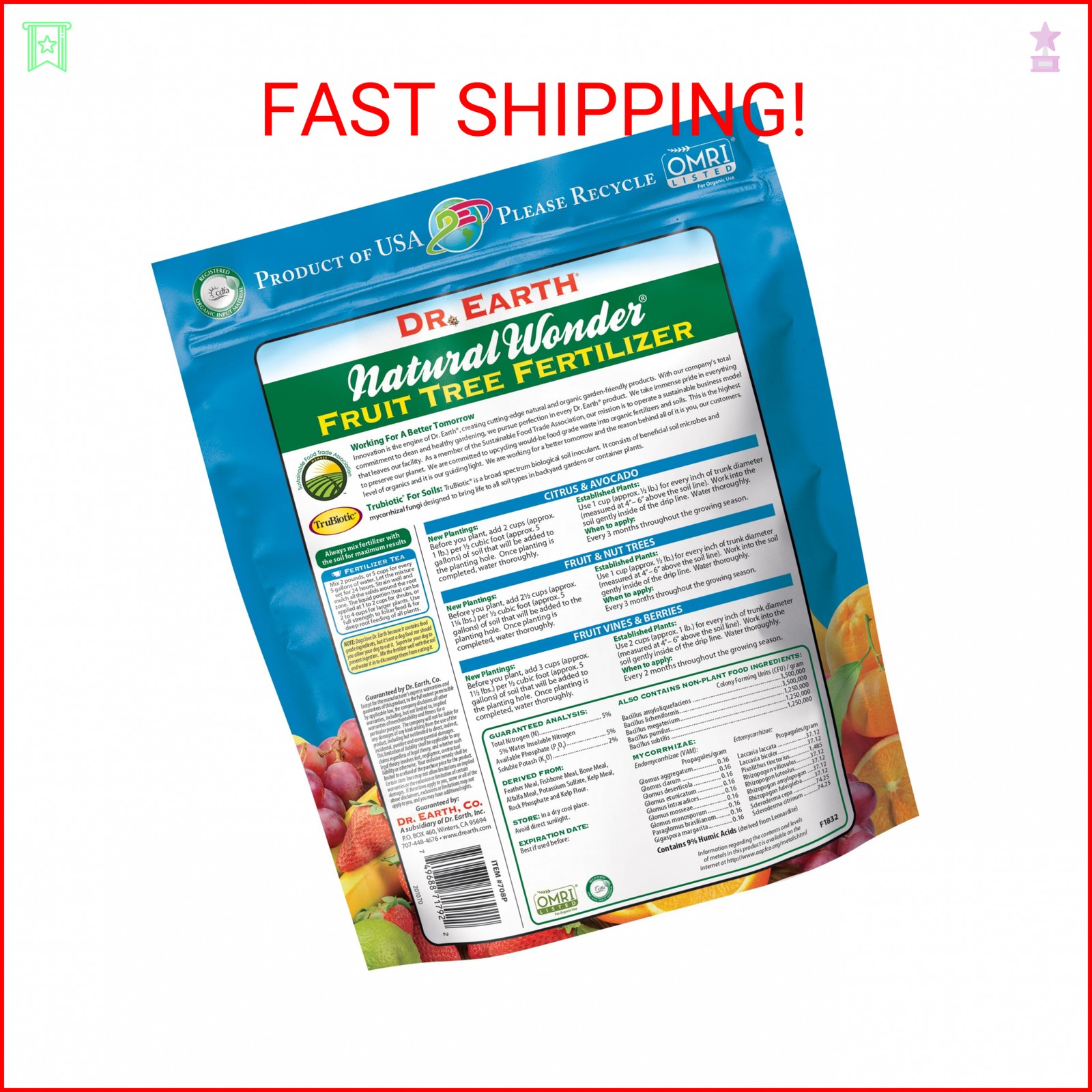Dr. Earth Natural Wonder Organic Fruit Tree Fertilizer – 4lb 5-5-2