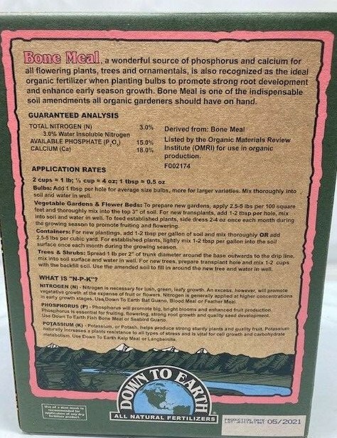 Down To Earth All Natural Bone Meal Fertilizer 3-15-0, 5 LB – NEW/ SEALED