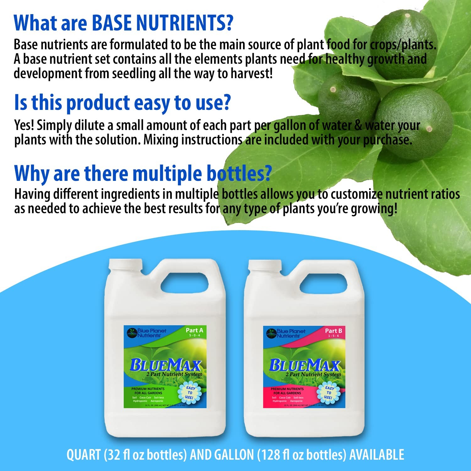 BlueMax 2 Part Fertilizer (32 oz Jugs) Quart | Complete Plant Food Base Nutrient