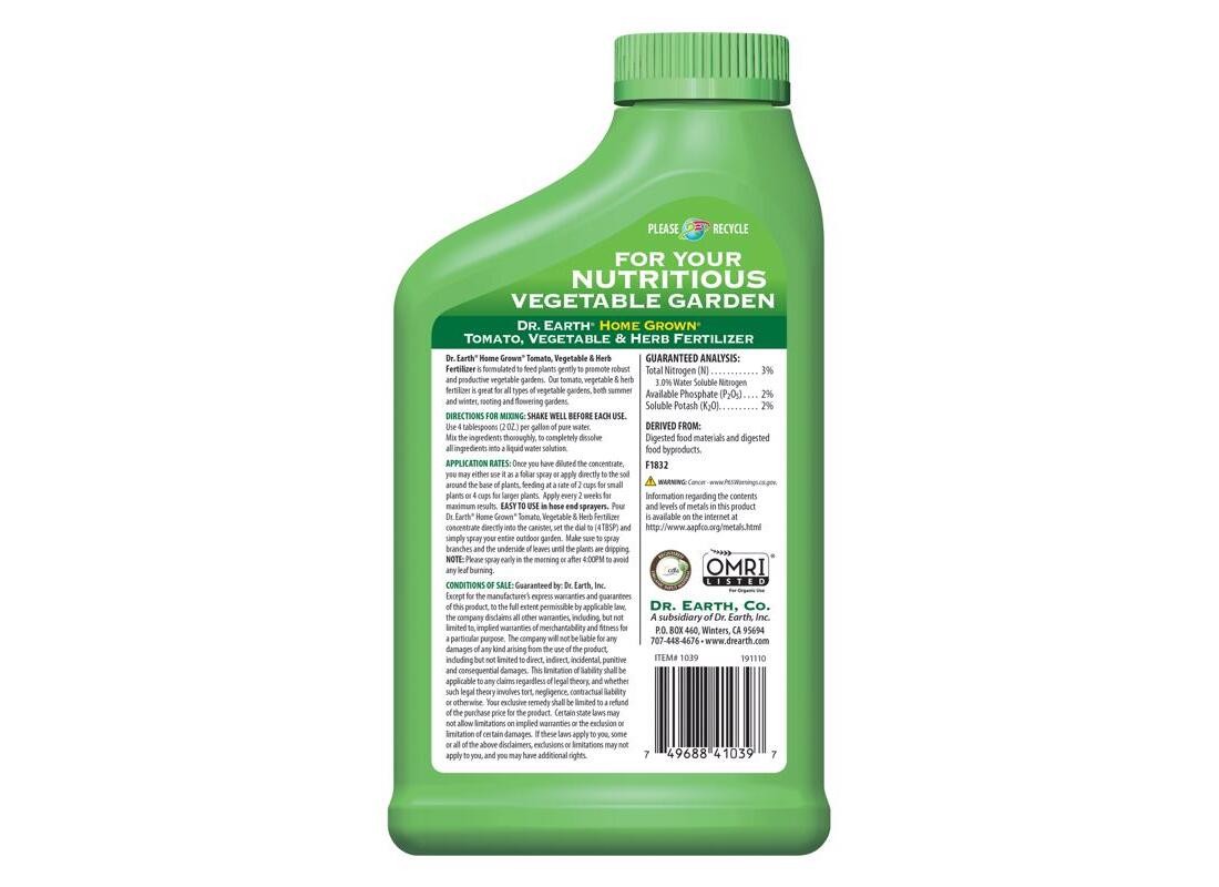 Dr. Earth 1039 Plant Fertilizer Home Grown Organic Fruits/Vegetables 3-2-2 24 oz