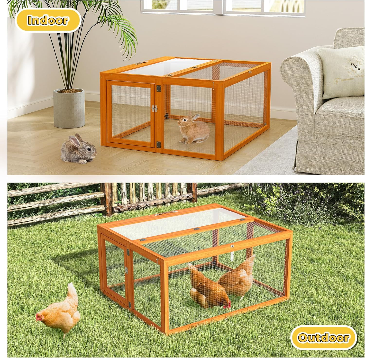 Nyeekoy Portable Chicken Coop with Uv-Proof Panel, 4X Garden Stakes, Wooden Rabb