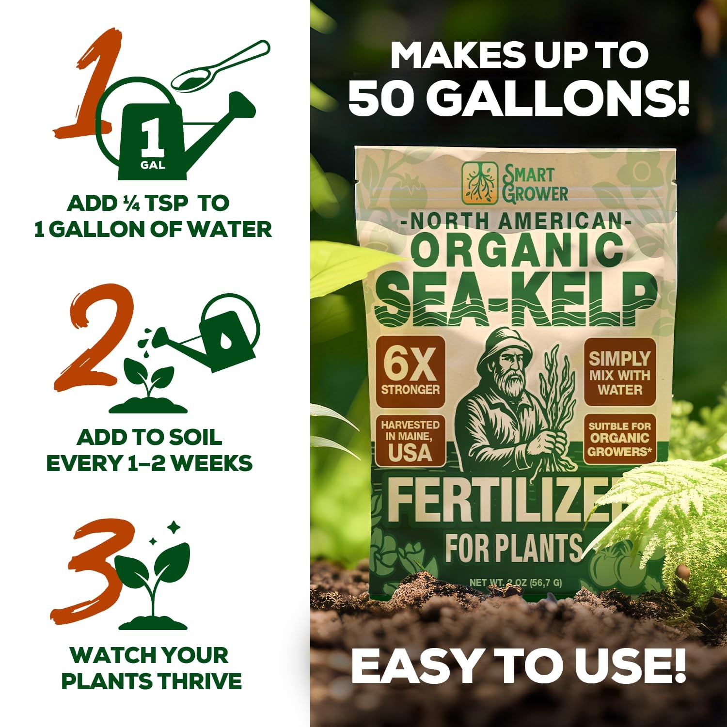 Organic Sea Kelp Fertilizer for Plants – Water-Soluble – Makes 50 2 Ounces