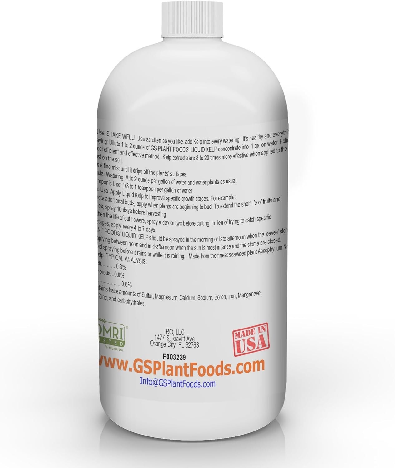 Organic Kelp Fertilizer Liquid 1 Quart OMRI Certified Plant Growth Soil Health