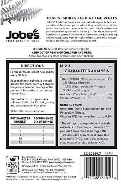 Jobe’s 05101 30 Pack Fern & Palm Fertilizer Plant Food Spikes – Pack of 6