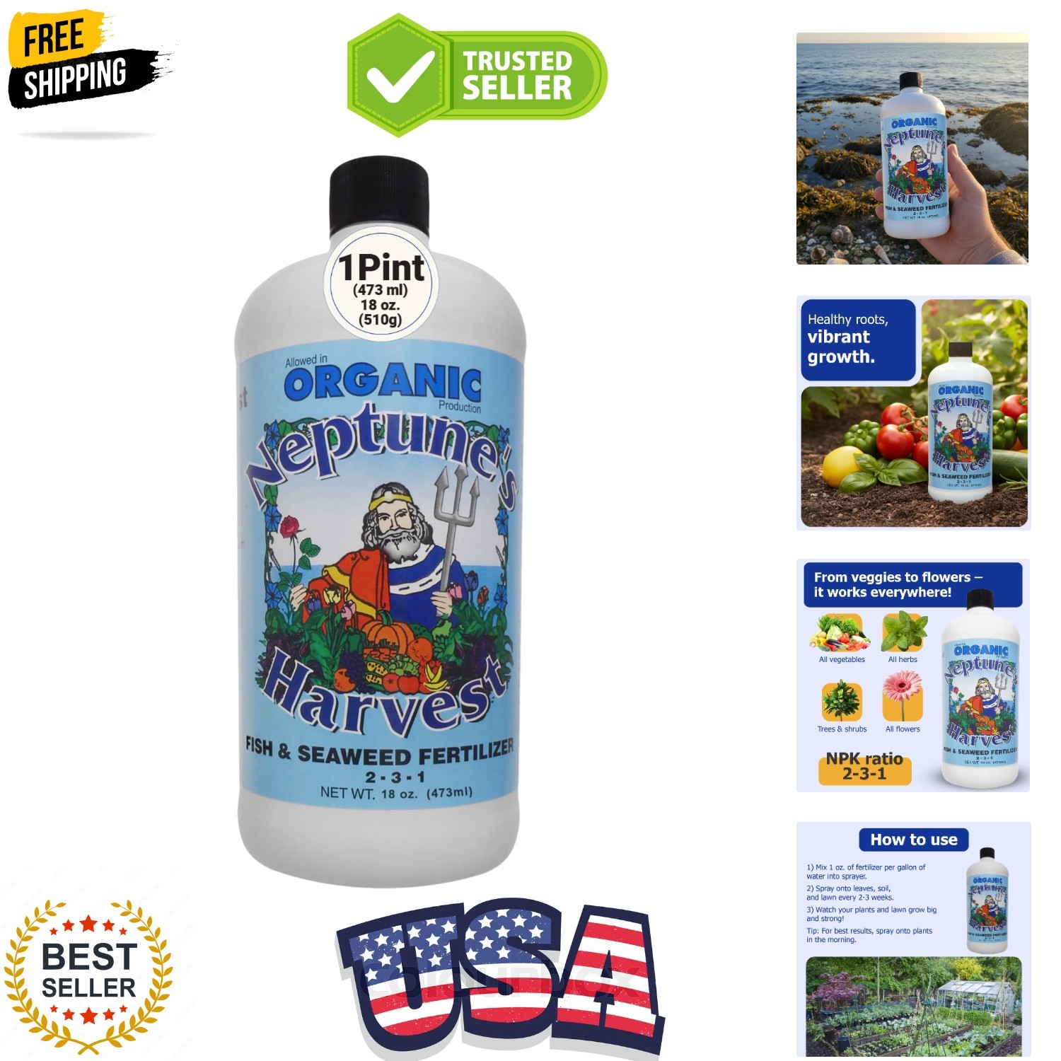 Fish & Seaweed Liquid Fertilizer 2-3-1 – 18oz Pint – Plant Food for Garden – …