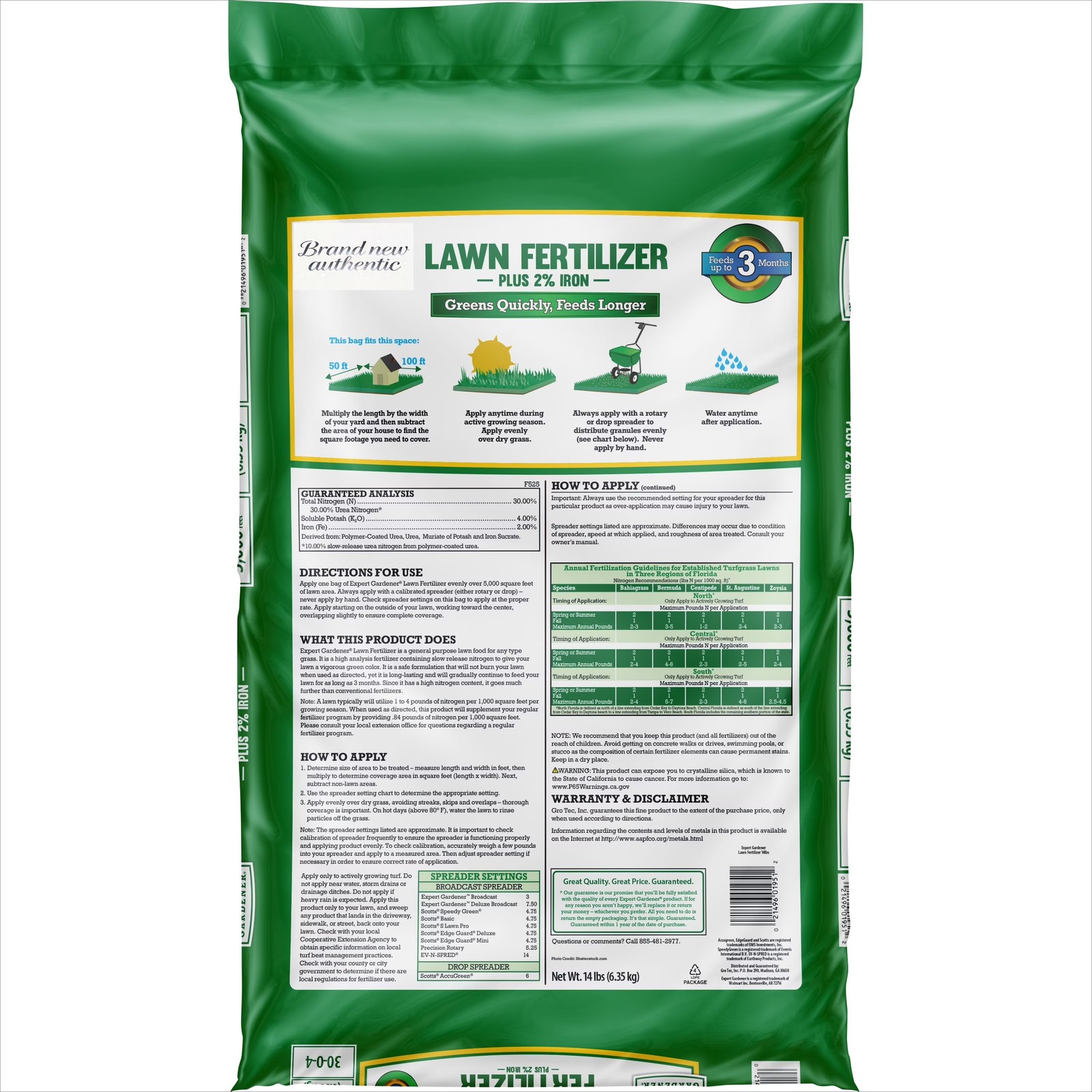 Lawn Food Fertilizer 30-0-4, Plus 2% Iron, 33.6 lb., Covers 12,000 Sq. ft.