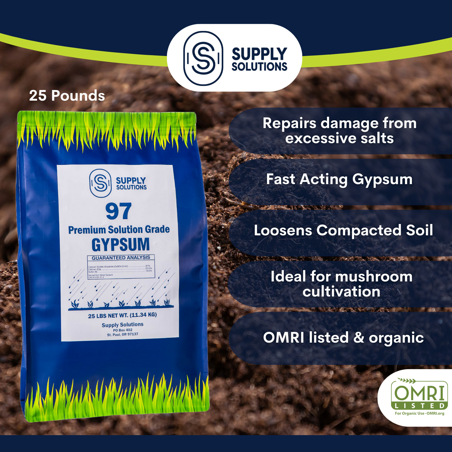 Premium 97 Solution Grade Gypsum – Organic Fast Acting Gypsum for Soil – 25 Lbs