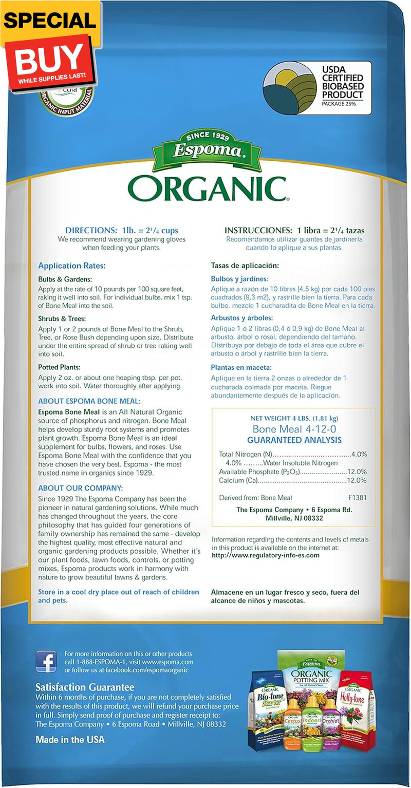 Organic Bone Meal Fertilizer 4-12-0. All-Natural Plant Food Source of Nitrogen a
