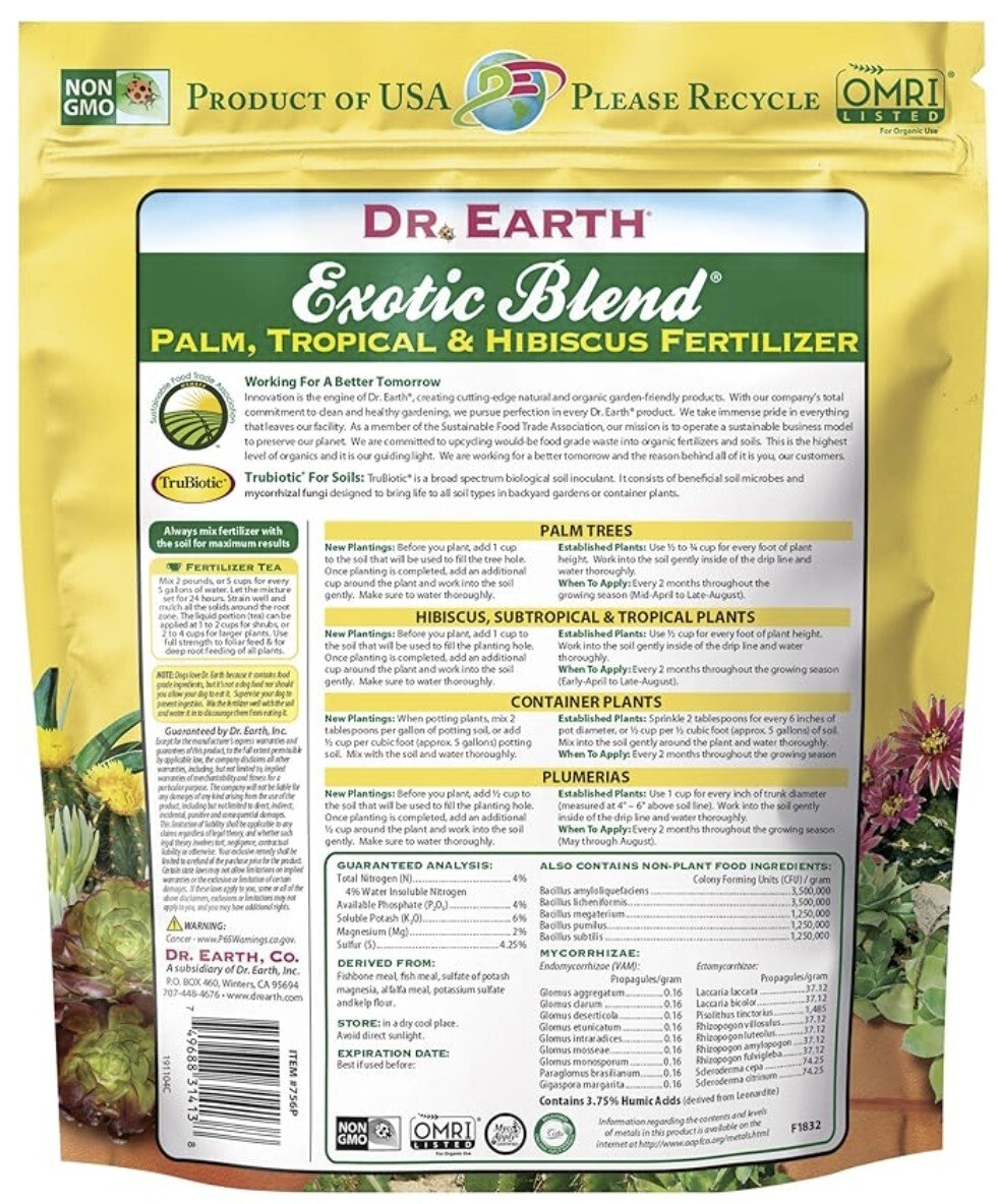 Dr. Earth 756P Exotic Exotic Blend Palm, Tropical & Hibiscus Food Fertilizer 4lb