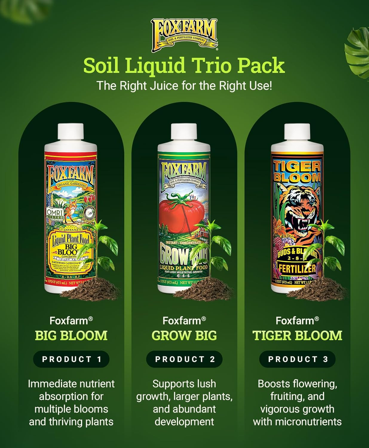 Fertilizer Soil Trio Liquid Nutrient: Tiger Bloom, Grow Big, Big Bloom Bottles –