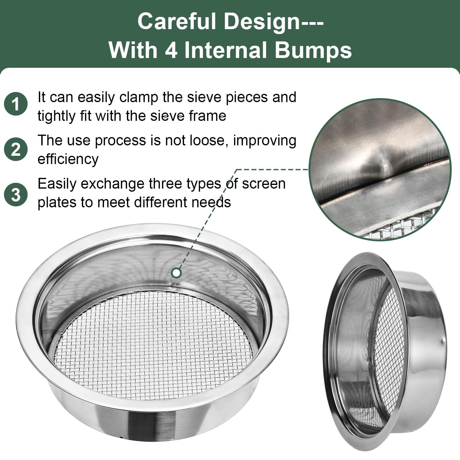 Soil Sifter Garden Sieve Stainless Steel Set, with 3 silver
