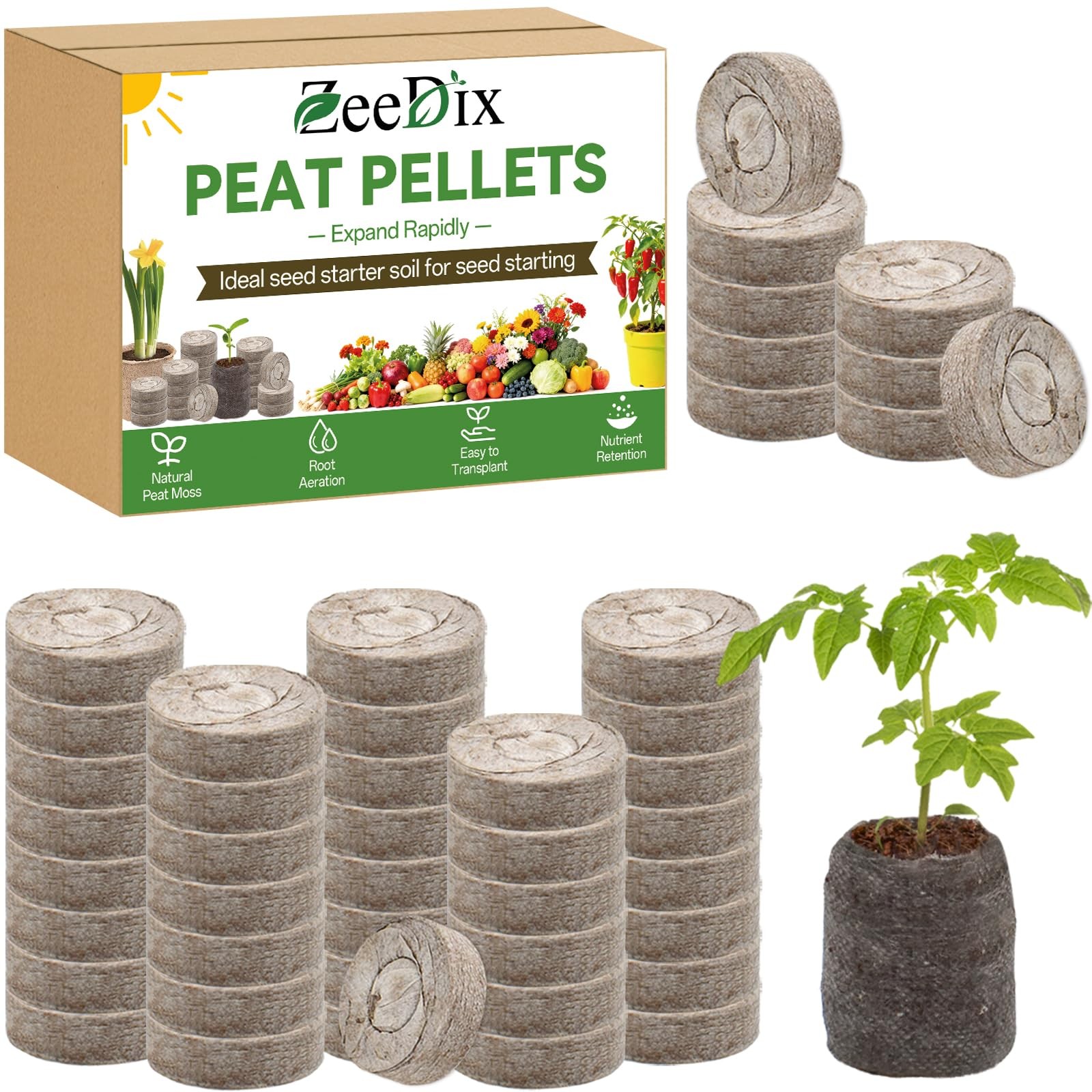 ZeeDix Peat Pellets for Seed Starting 55 Pcs 30mm Seed Starter Soil Pods Easy