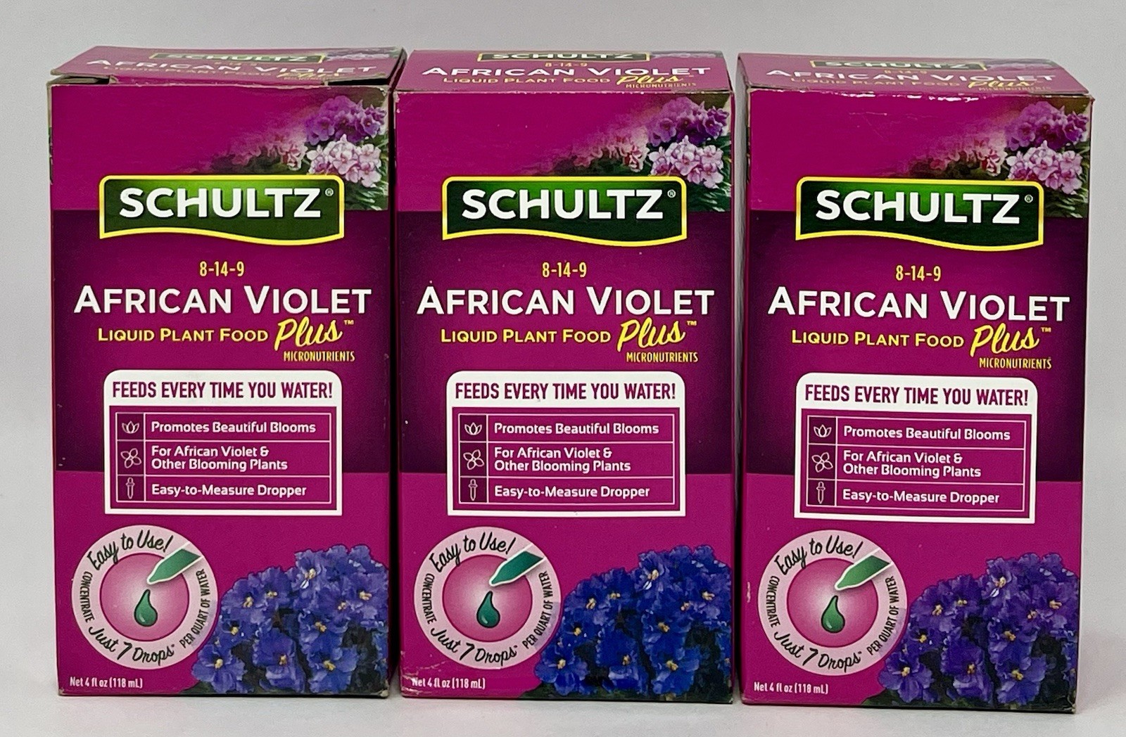 3 Pack Schultz African Violet Liquid Plant Food 8-14-9 Fertilizer 4oz Drops