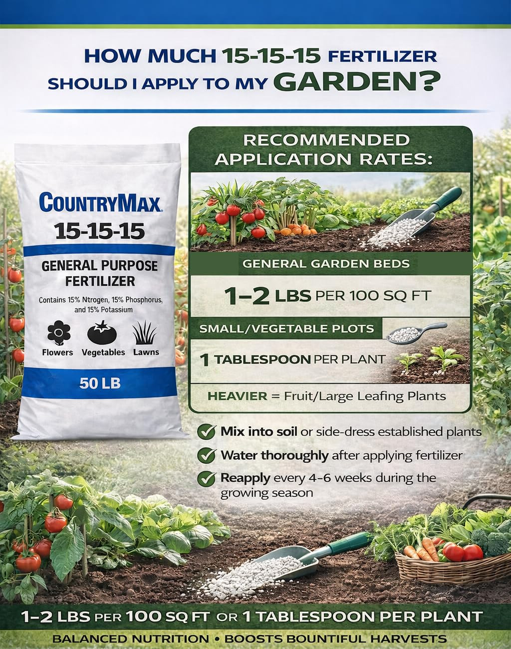 15-15-15 All Purpose Fertilizer, 50 Lb Bag, Balanced Nutrition for Flowers & Veg