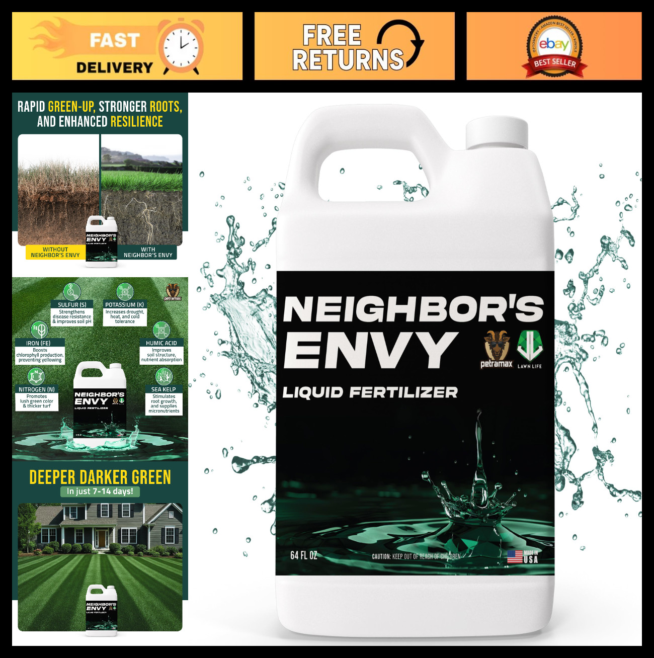 64 oz 7-in-1 Liquid Lawn Fertilizer Concentrate – Covers 8,000 sq ft, Deep Green